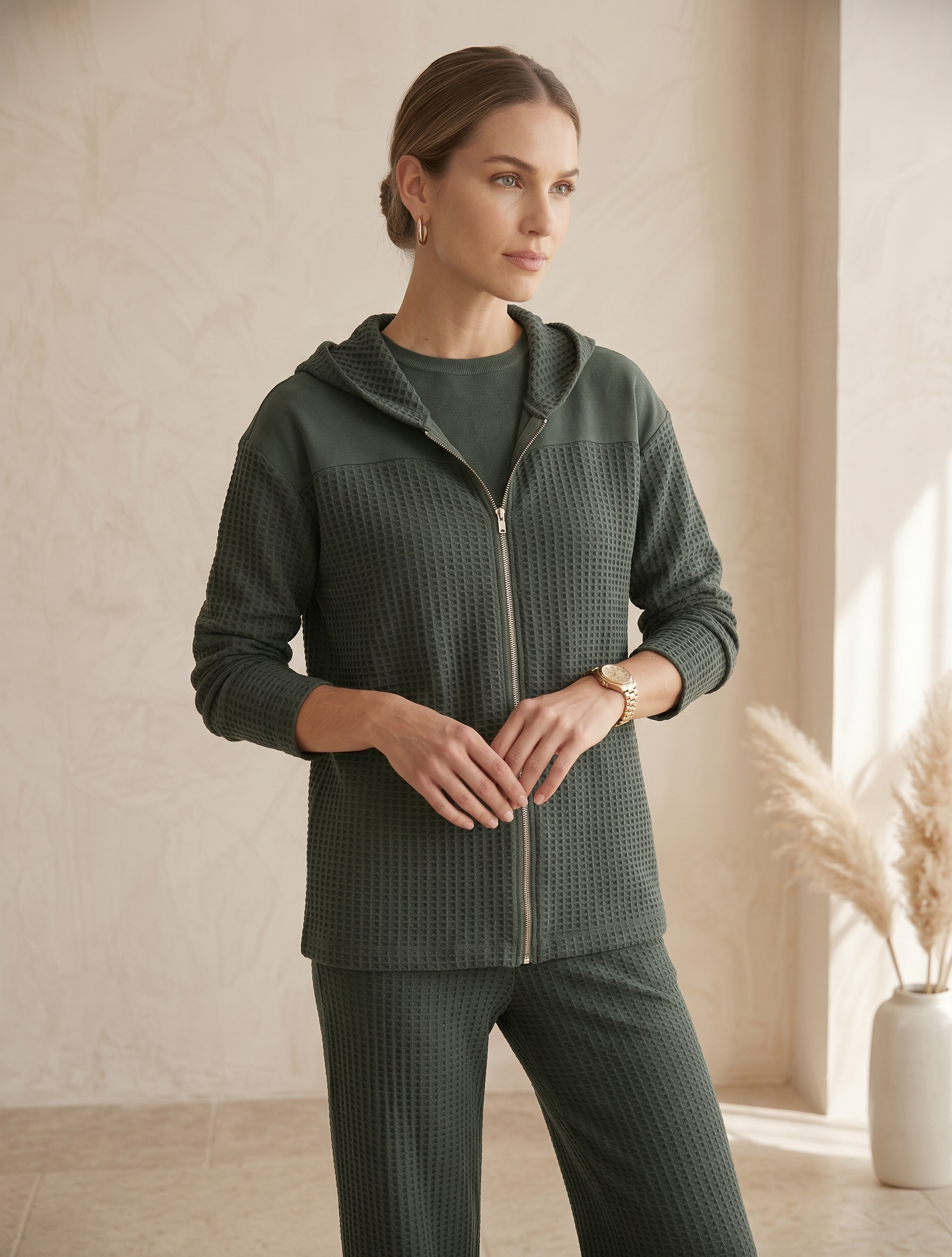 Waffle Knit Long Sleeve Drop Shoulder Zip Hoodie (#W01) — Wholesale