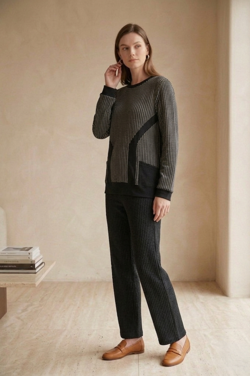 Waffle Knit Long Sleeve Crew Neck Top with Pockets - Style #W03