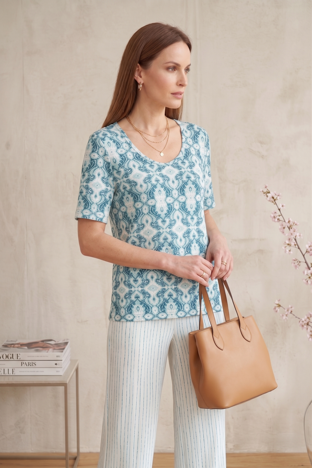 #1704: Elbow Slv. Abstract Floral Print Top