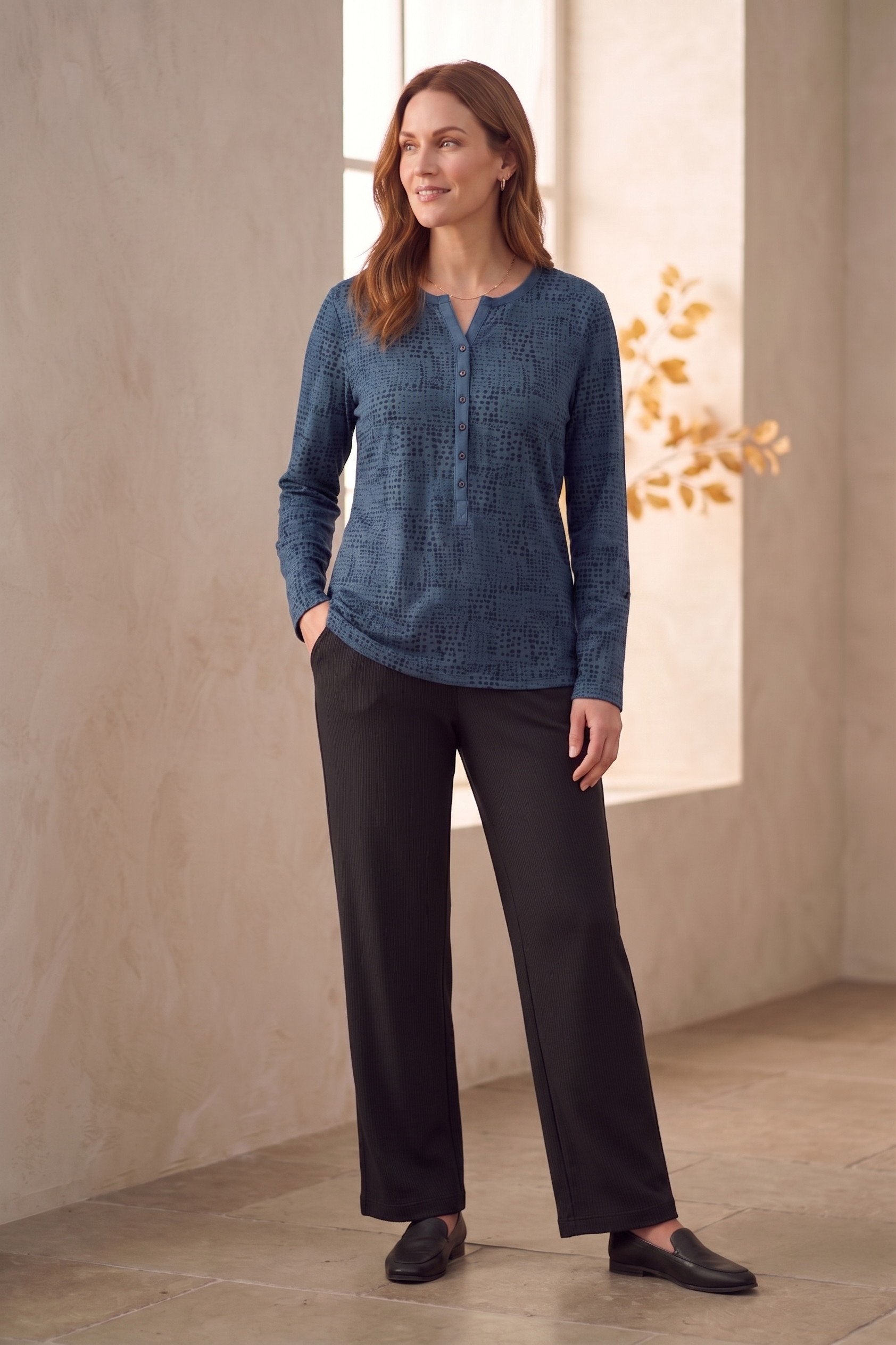 #1274 Long Sleeve Roll Tab Dotted Henley | 100% Cotton Jersey (Wholesale)