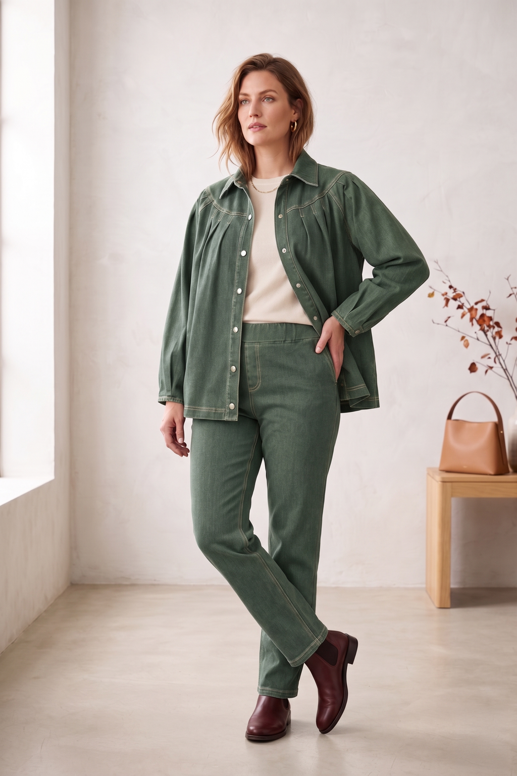 #D43 Women’s Pleated Yoke Stretch Denim Jacket