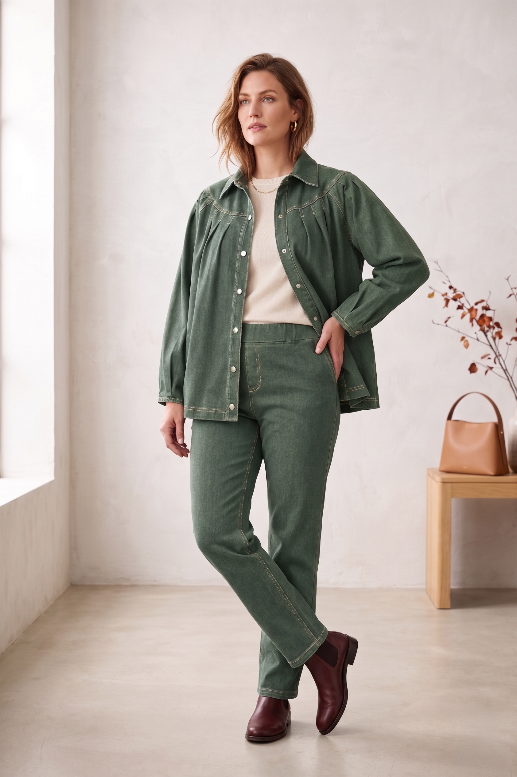 #D43 Women’s Pleated Yoke Stretch Denim Jacket