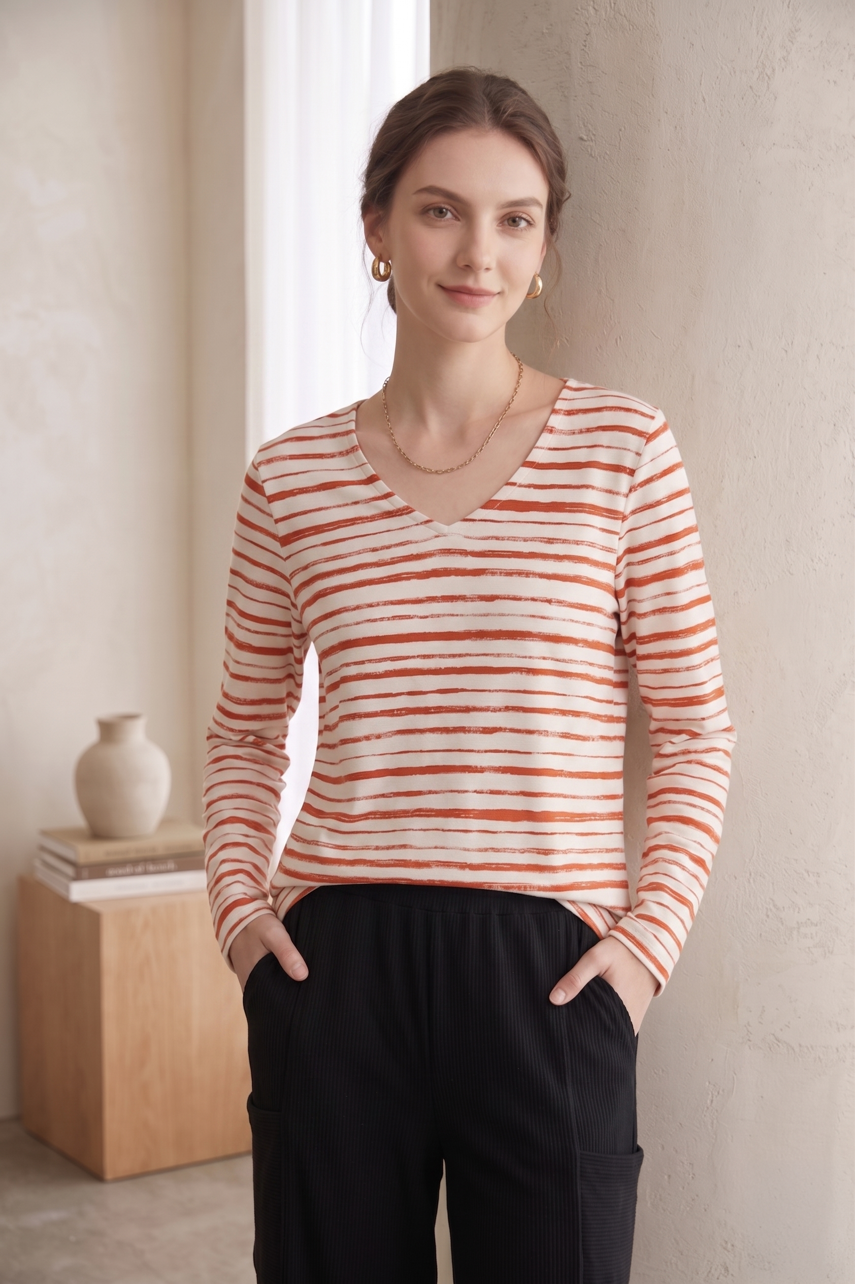 Women's Long Sleeve Striped Cotton Jersey Top (#D32)