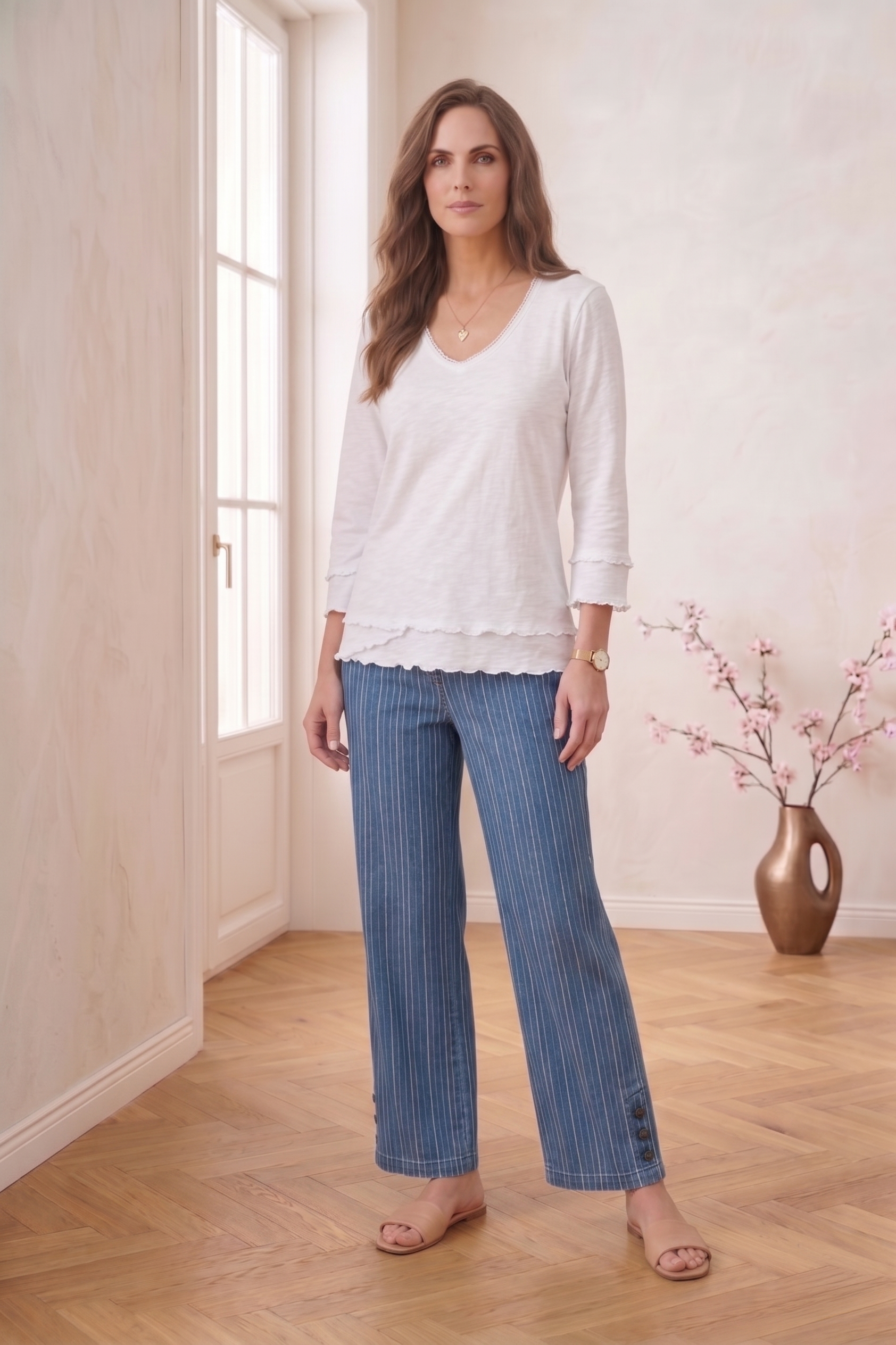 Wholesale Style #5751: Thin Stripe Side Button Capri - 100% Cotton Slub French Terry