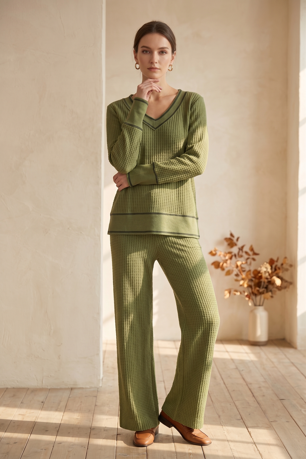Waffle Knit Long Sleeve V-Neck Top with Contrast Stitching – #W02