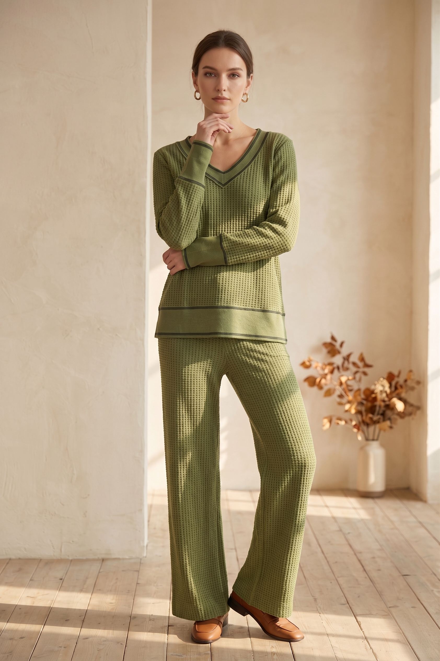 Waffle Knit Long Sleeve V-Neck Top with Contrast Stitching – #W02