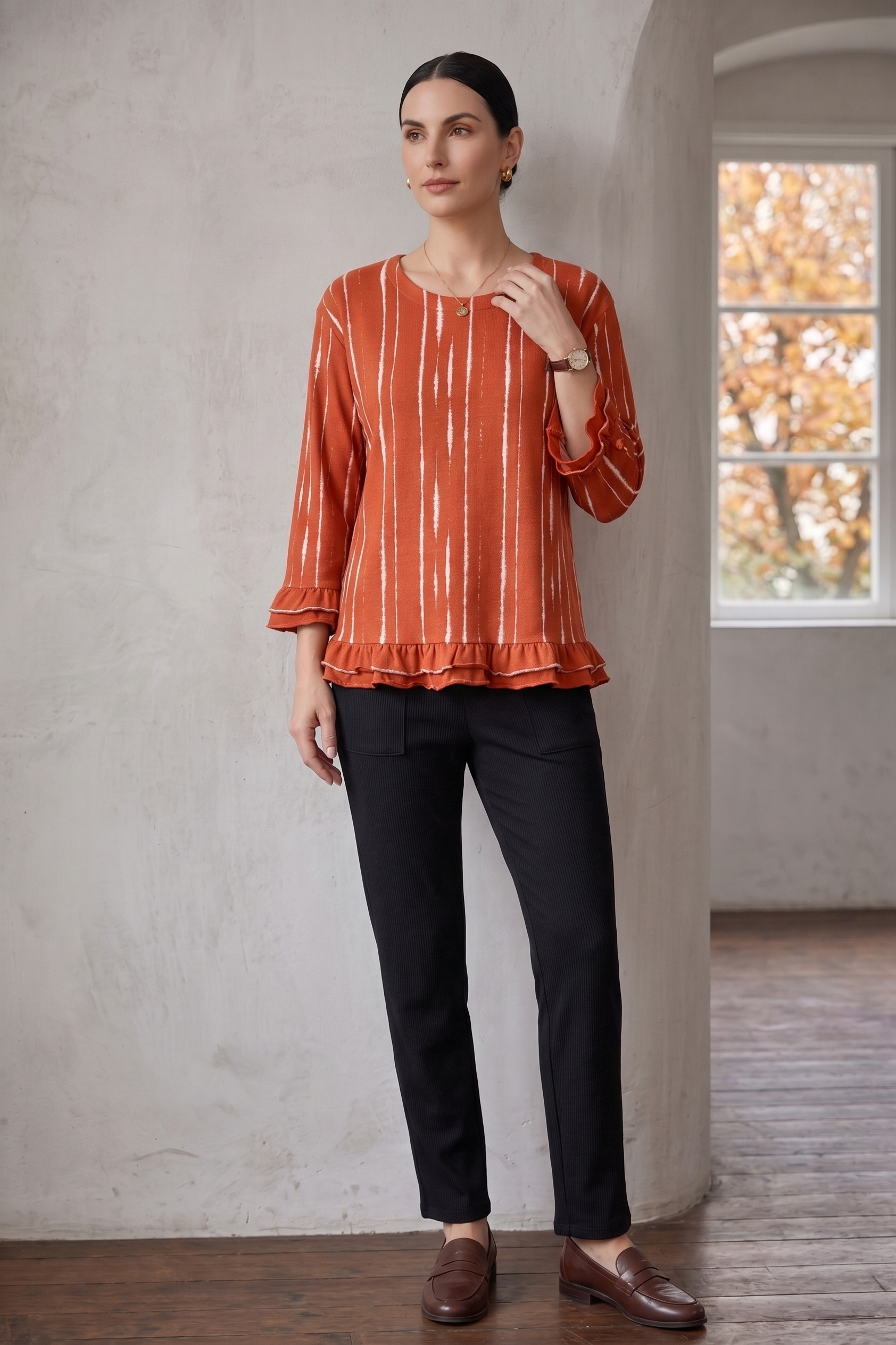 D50 Ruffle Sleeve Distress Stripe Tunic | Premium Cotton Jersey