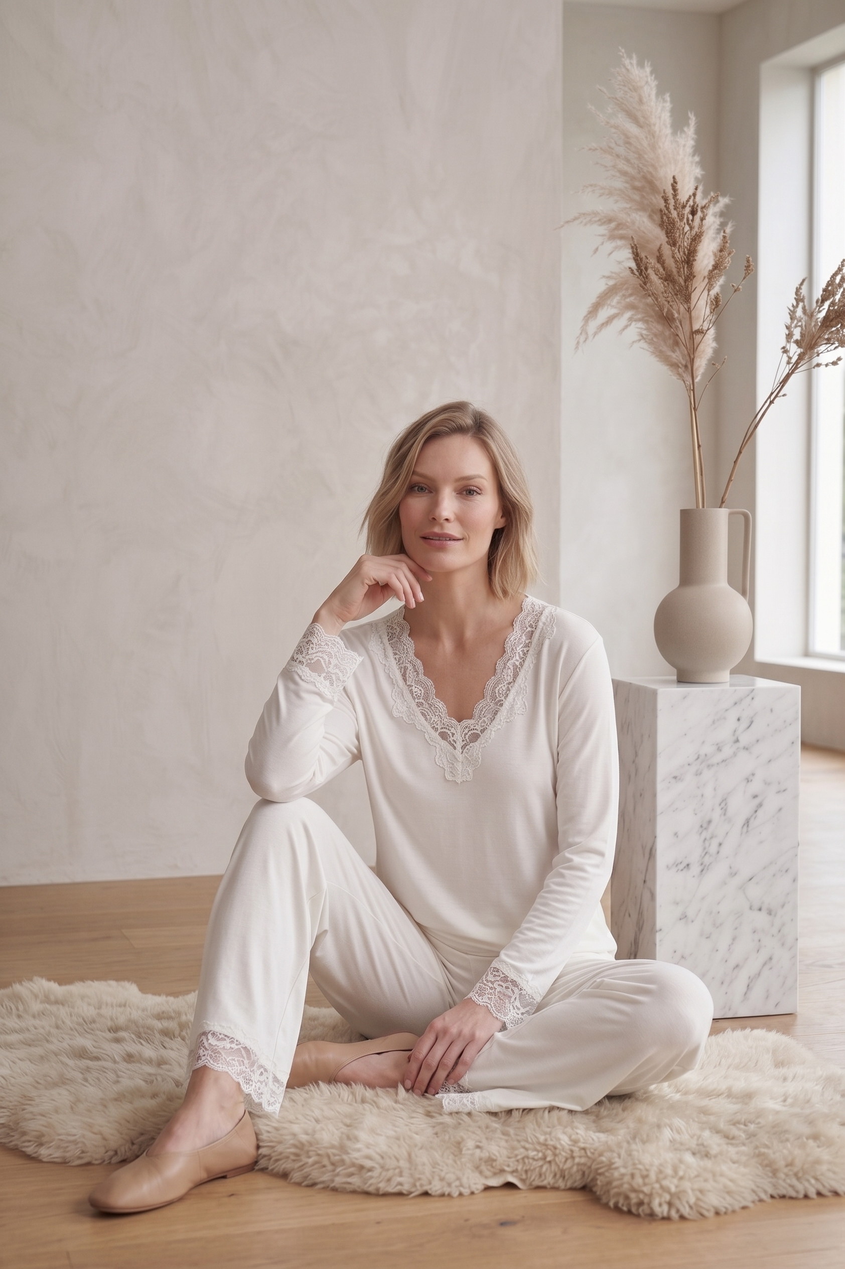 PJ71 Bracelet Sleeve Lace Trim Lounge Set