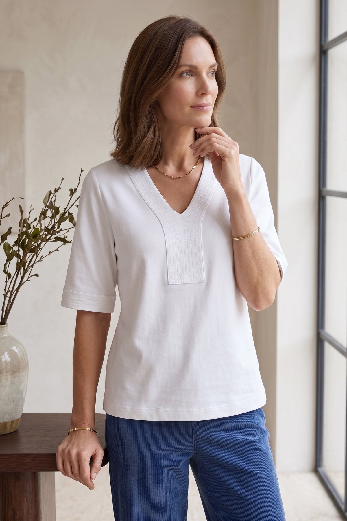 #JS45 Elbow Slv. V-Neck Placket Detail Top