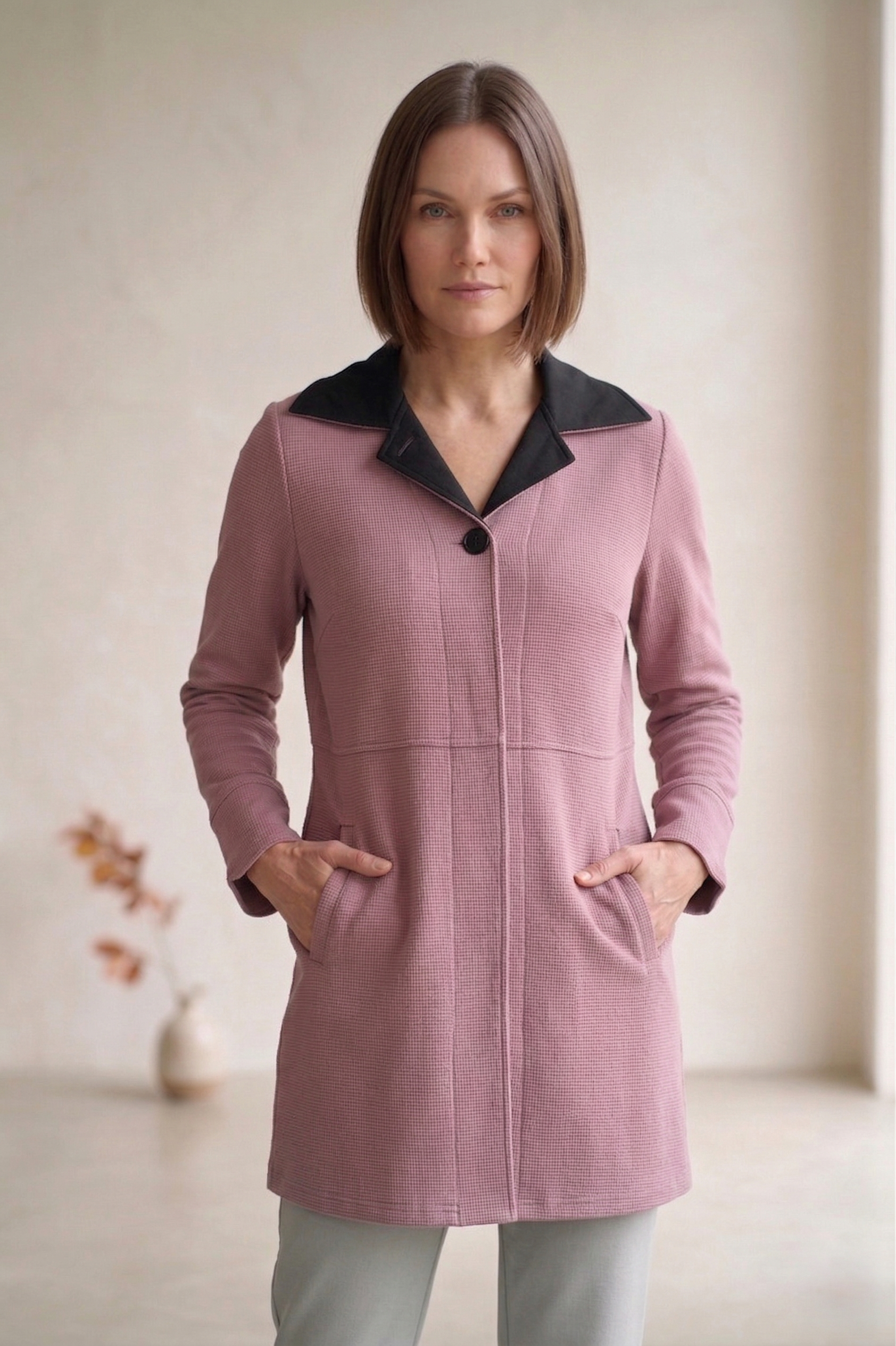 #7766 | Women's Stretch French Terry Trimmed Long Jacket