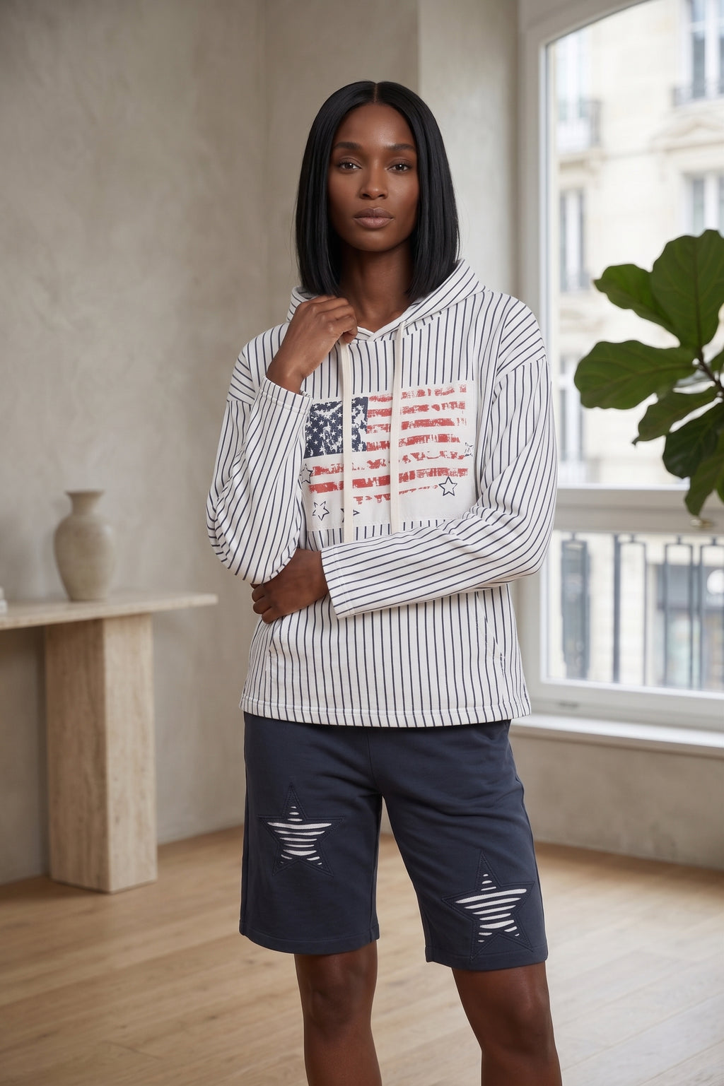 #FT71 Long Slv. Star & Stripe Print Crop Hoodie - White/Navy/Kiss