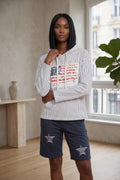 #FT71 Long Slv. Star & Stripe Print Crop Hoodie - White/Navy/Kiss