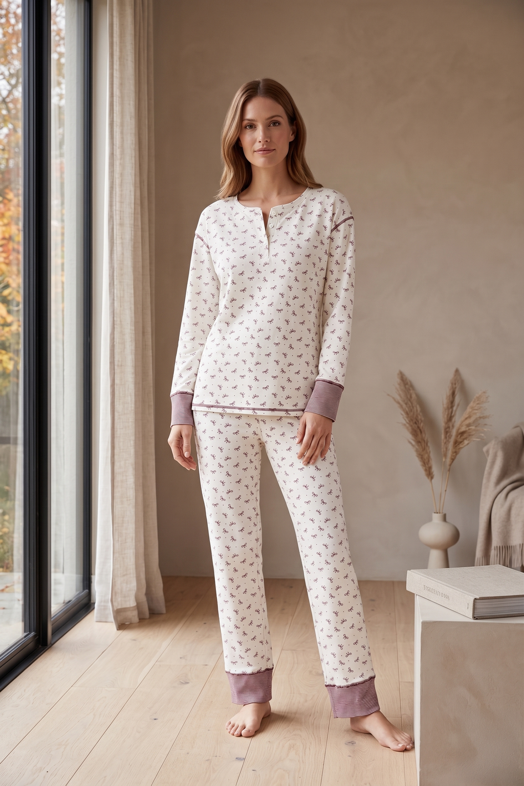 PJ72B | Women's Bow & Stripe Cotton Jersey Pajama Set