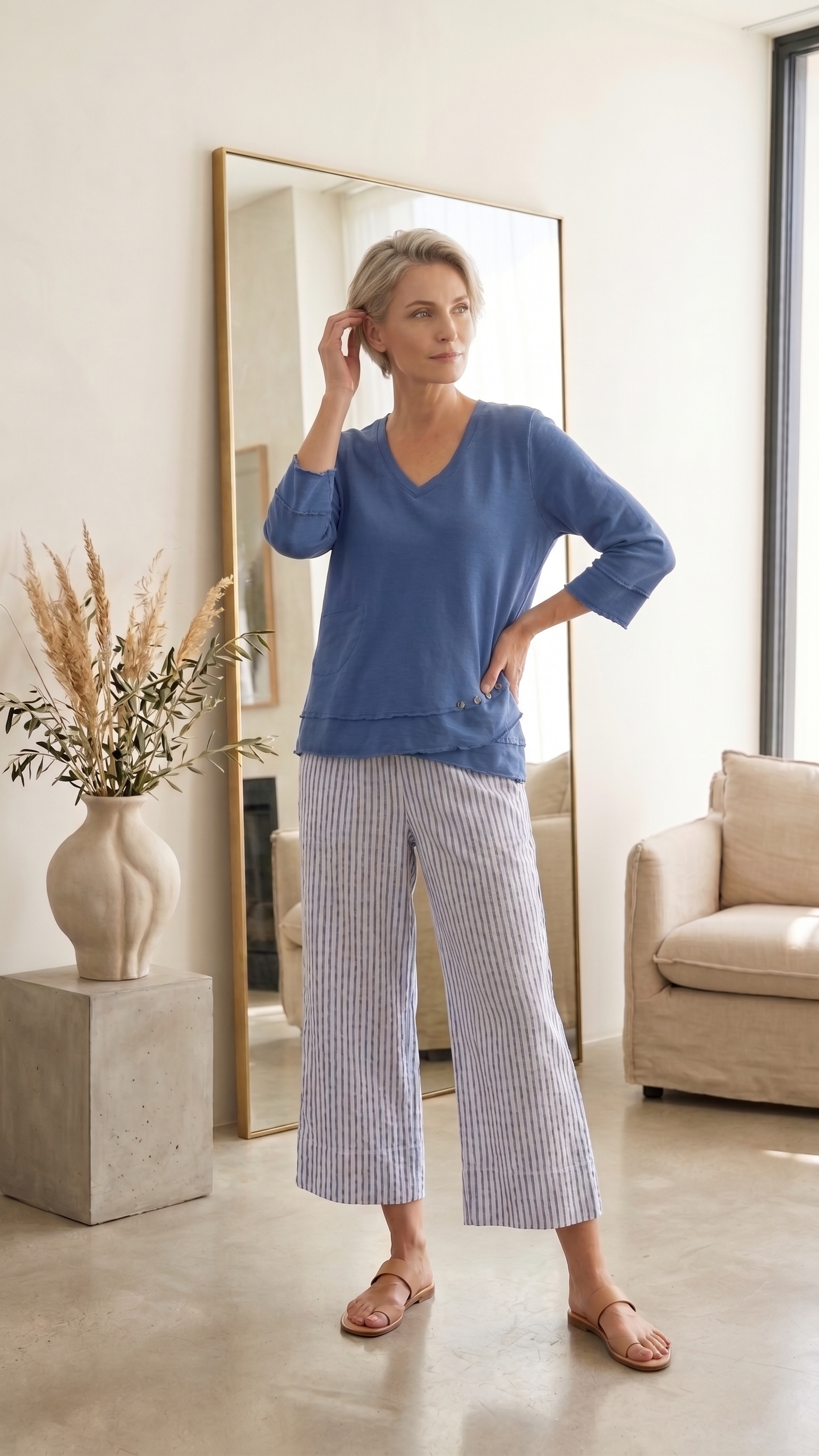 Style #1627-Wholesale Women's 100% Cotton ¾ Sleeve Side-Button Top