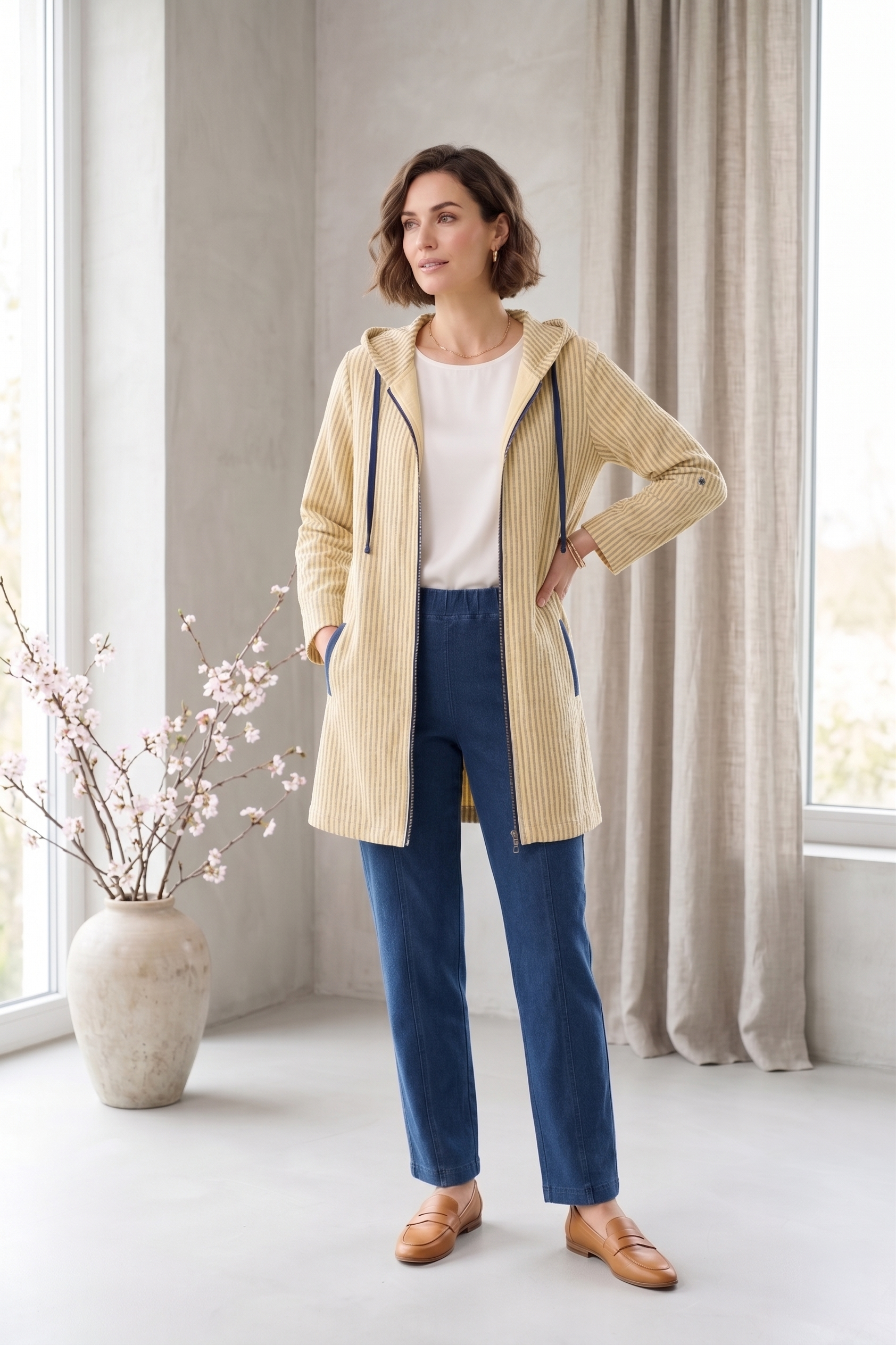 #8301 | Women's 3/4 Sleeve Mixed Stripe Zip-Up Jacket – 100% Cotton Slub French Terry