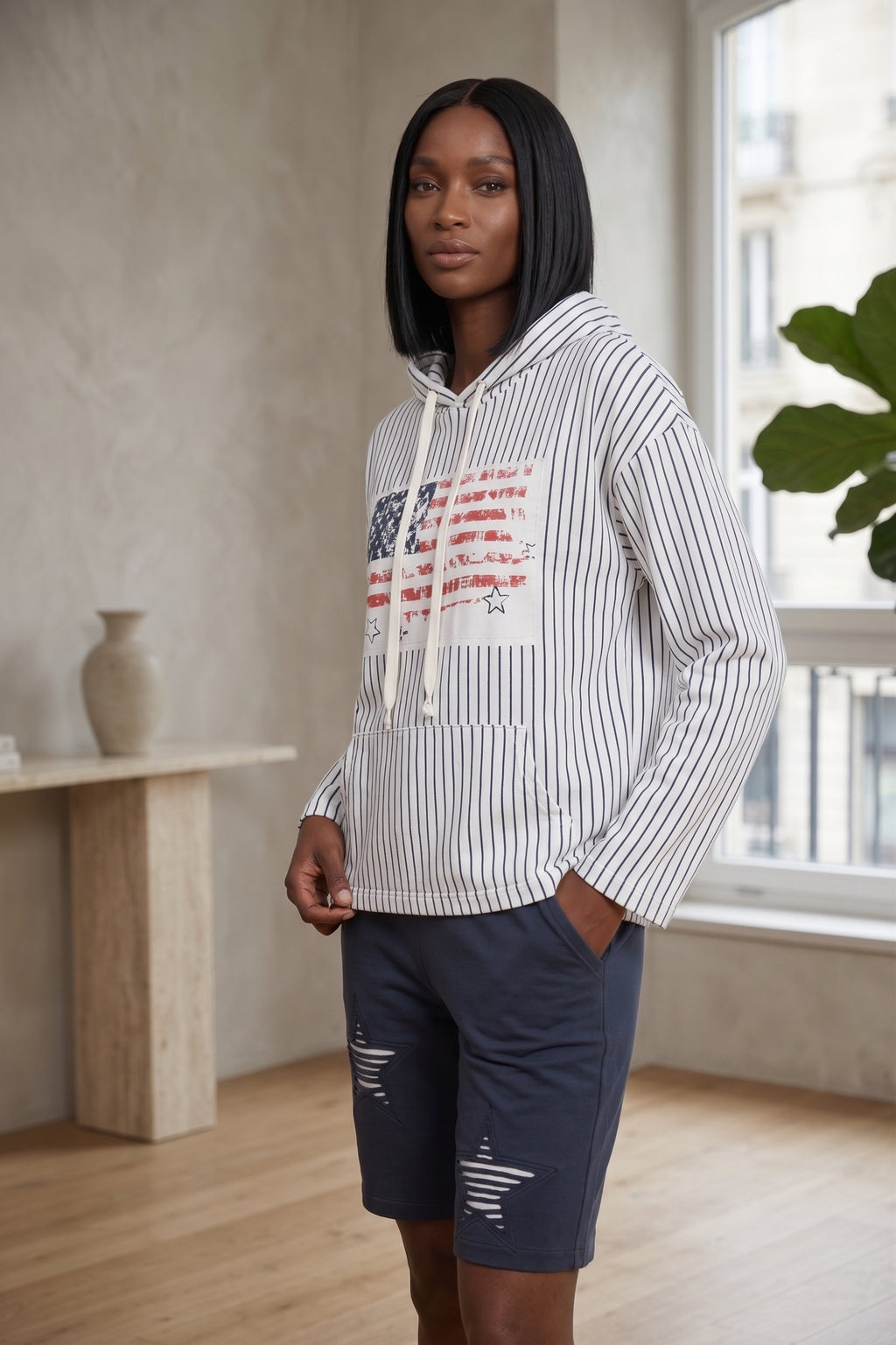 #FT71 Long Slv. Star & Stripe Print Crop Hoodie - White/Navy/Kiss