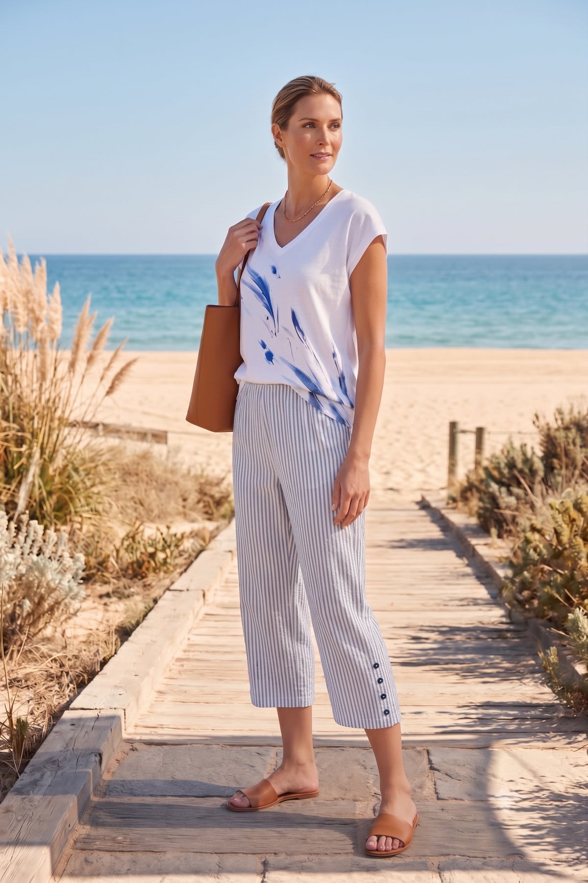 Wild Palms #5626 Side Button Stripe Capri - 100% Cotton (Wholesale)