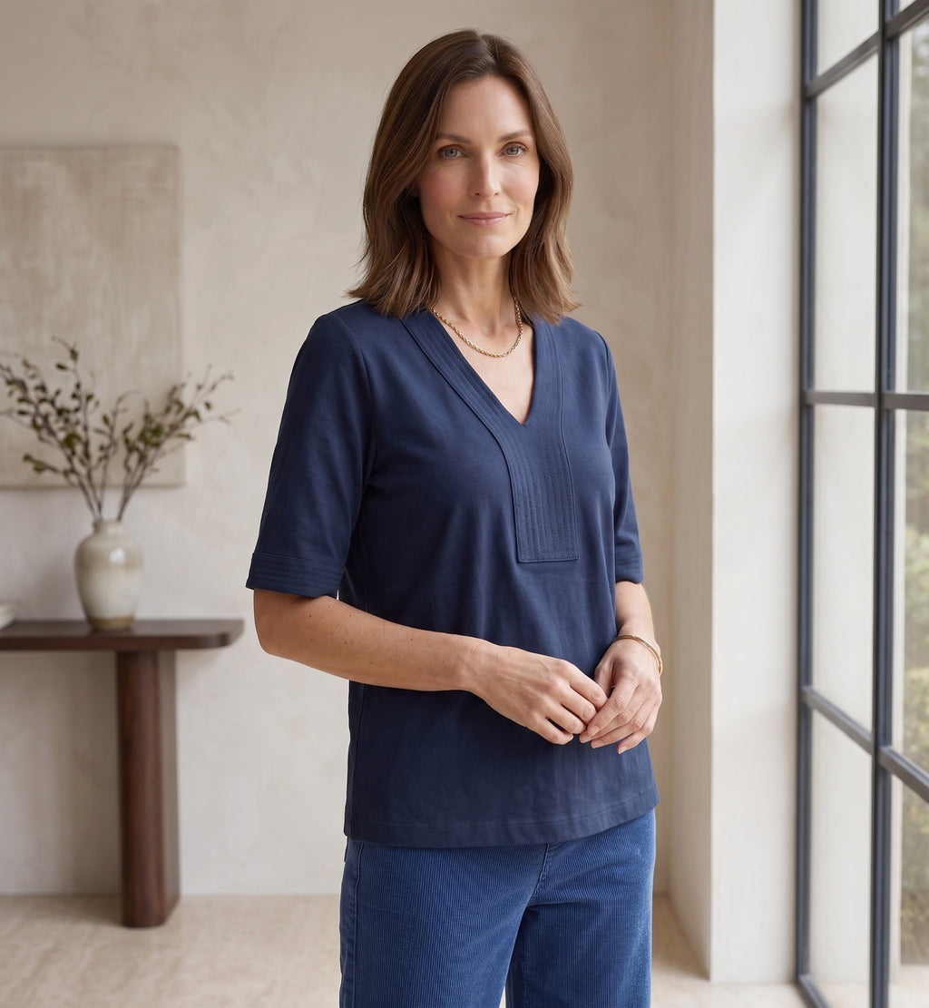 #JS45 Elbow Slv. V-Neck Placket Detail Top