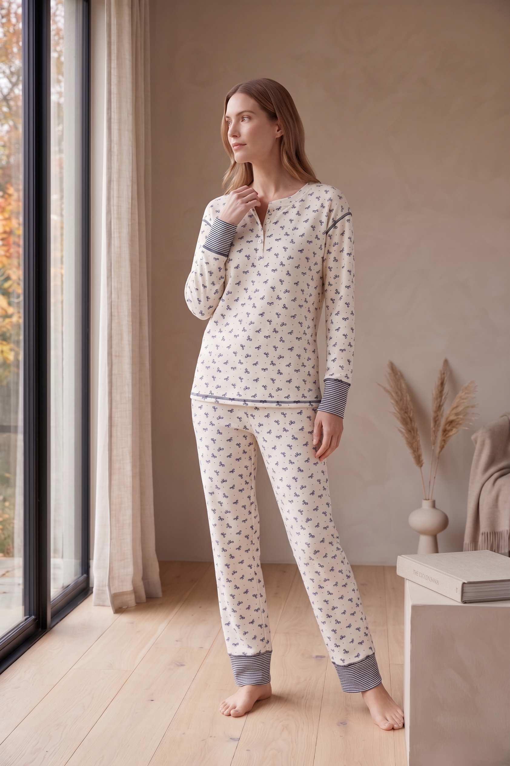 PJ72B | Women's Bow & Stripe Cotton Jersey Pajama Set