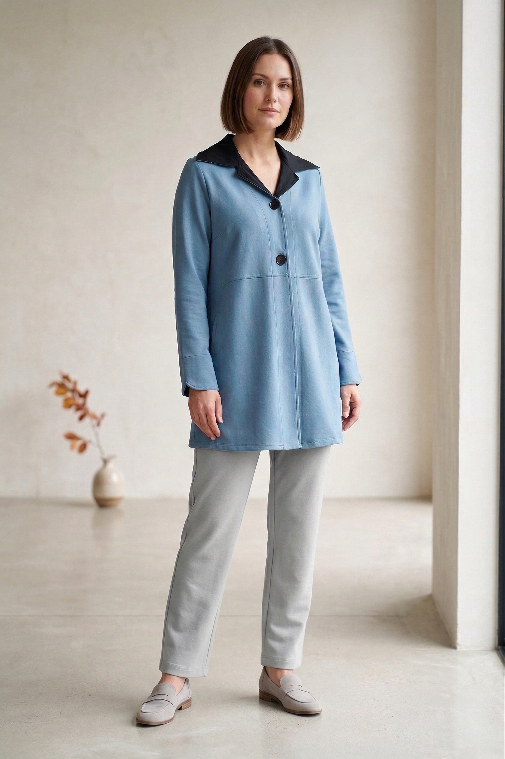 #7766 | Women's Stretch French Terry Trimmed Long Jacket