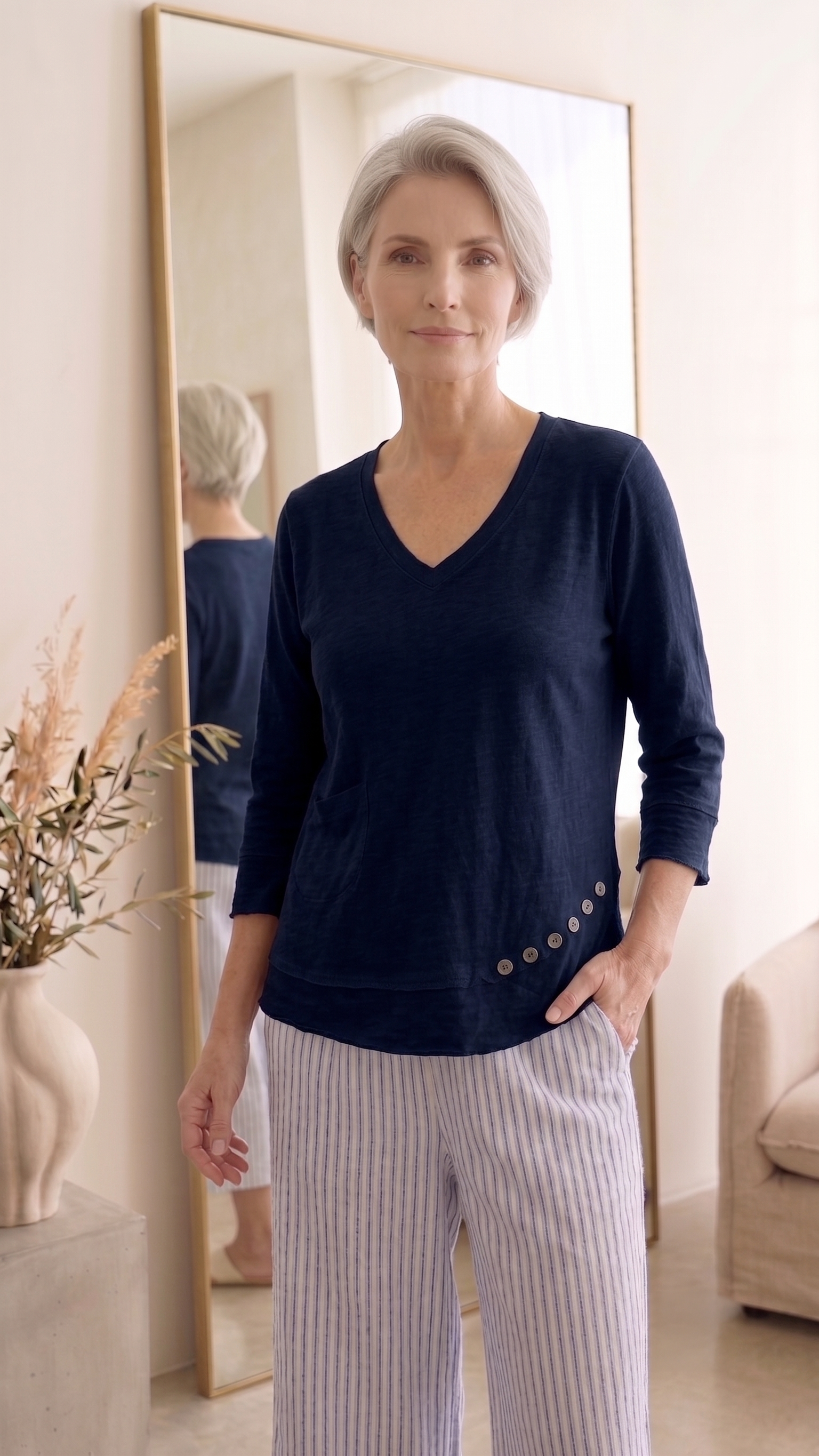 Style #1627-Wholesale Women's 100% Cotton ¾ Sleeve Side-Button Top
