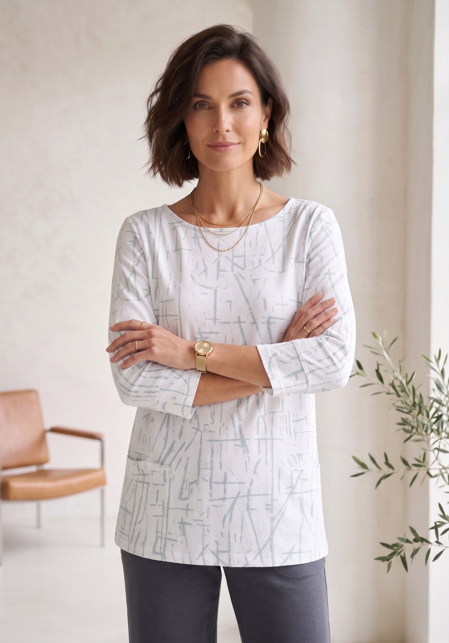 Style #1734 |Wholesale 100% Cotton ¾ Sleeve Abstract Print Top - Multiple Colors