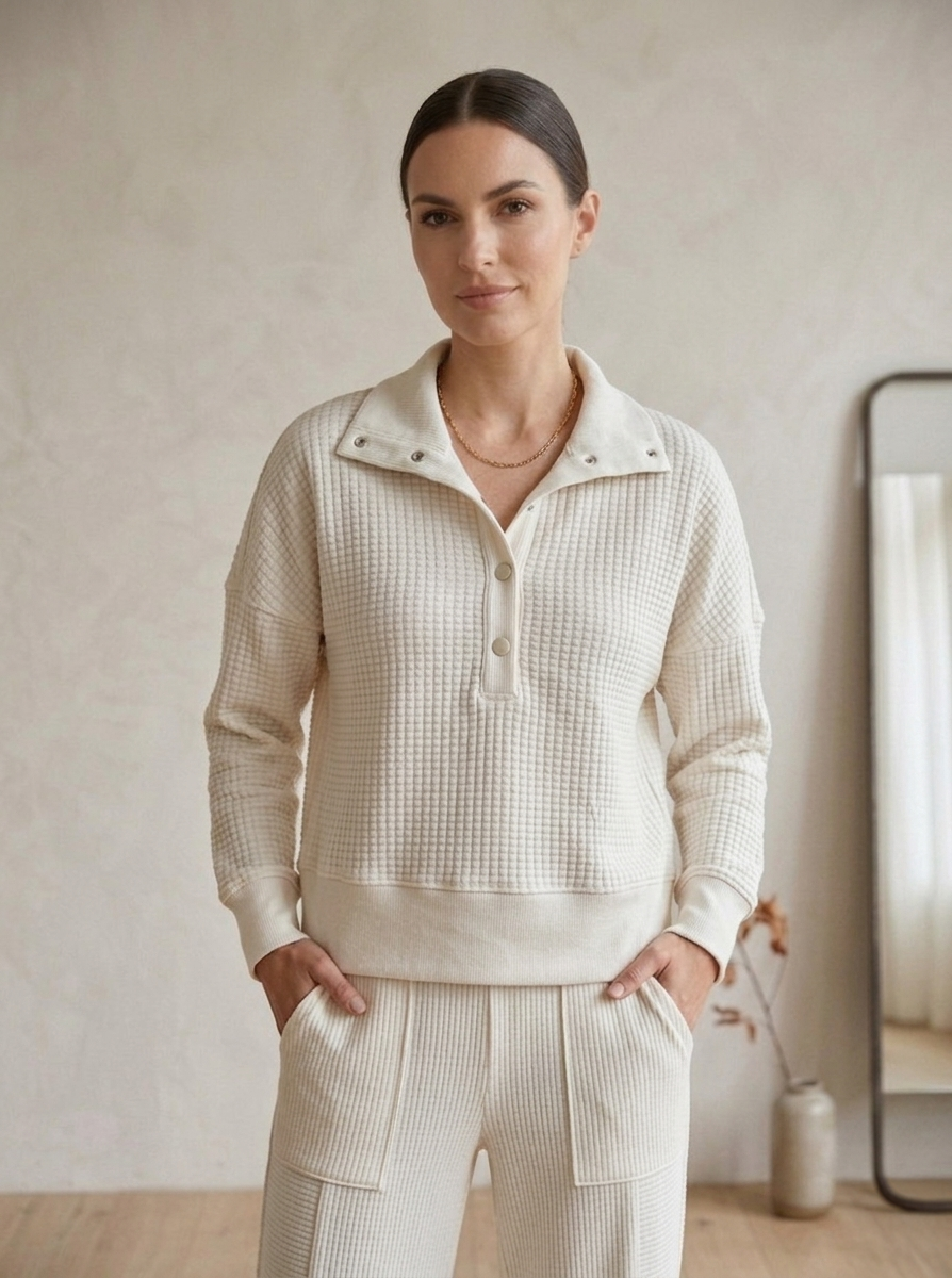 Waffle Knit Bracelet Sleeve Placket Top - Style #W05