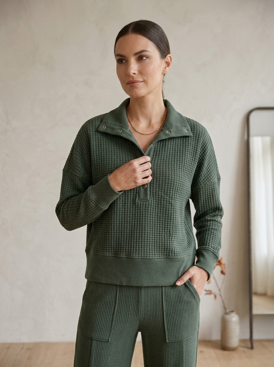 Waffle Knit Bracelet Sleeve Placket Top - Style #W05