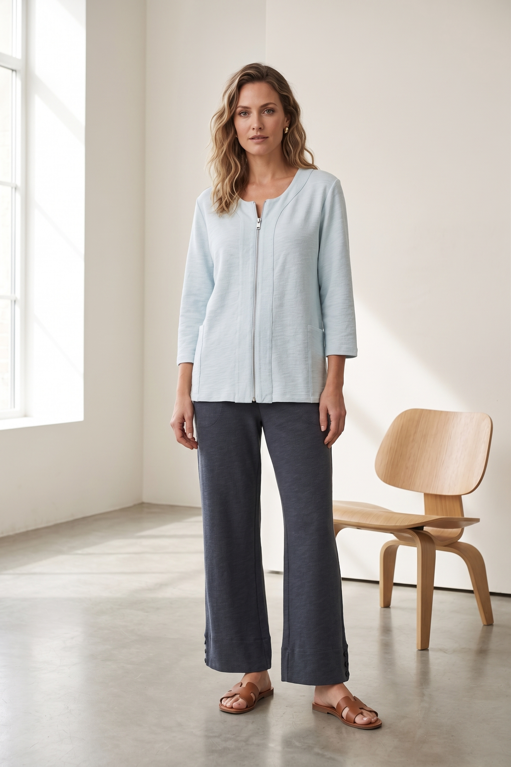 Style #8371|Wholesale 100% Cotton Slub French Terry ¾ Sleeve Summer Zip Jacket - Multiple Colors