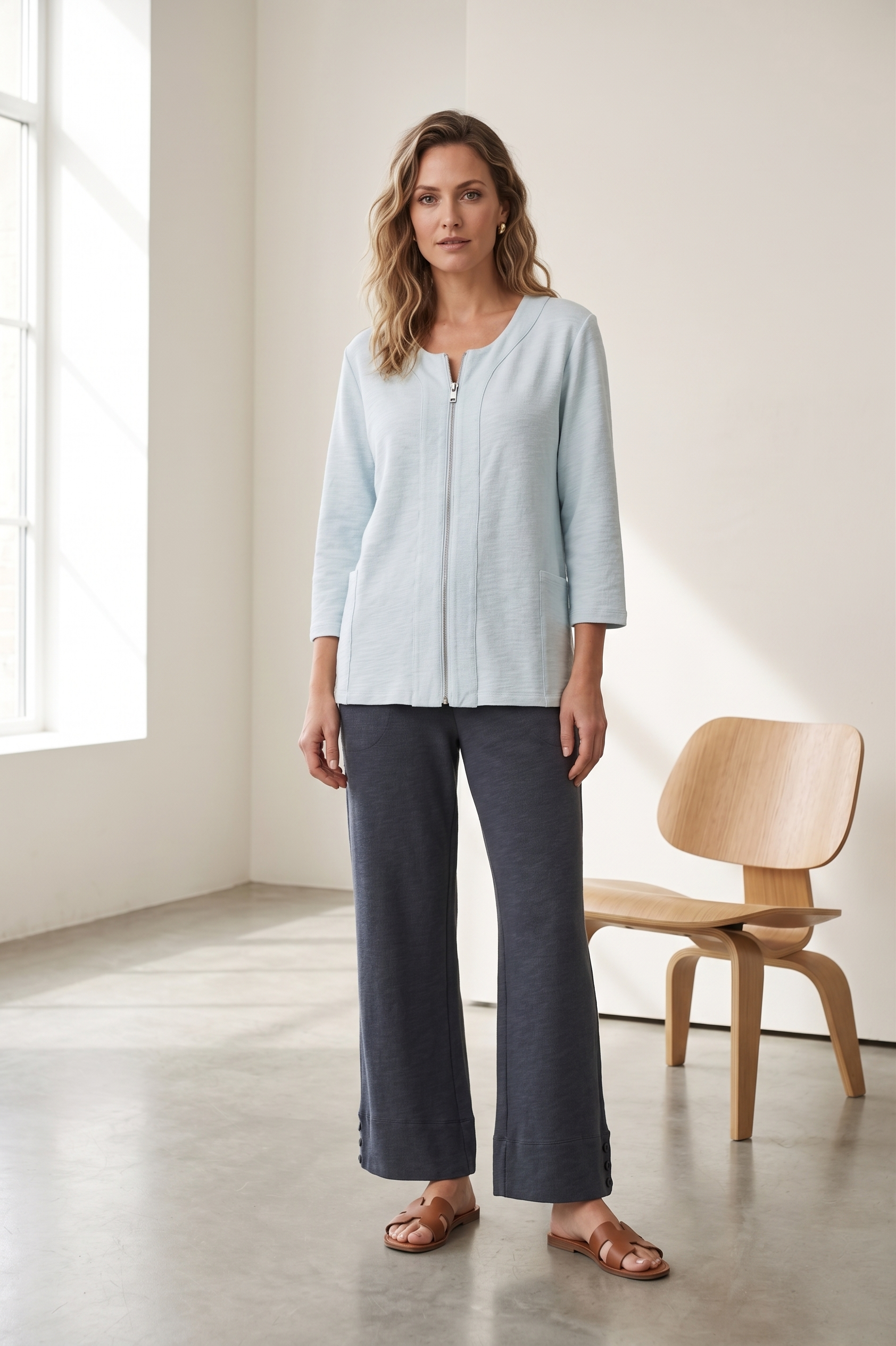 Style #8371|Wholesale 100% Cotton Slub French Terry ¾ Sleeve Summer Zip Jacket - Multiple Colors