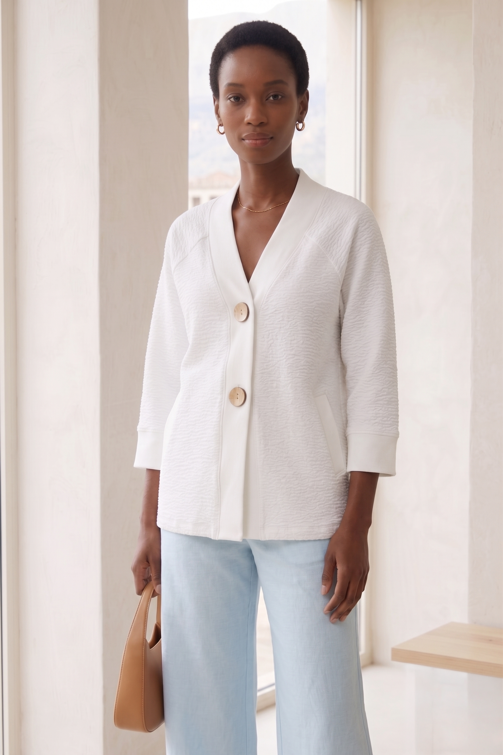 Style #8374 Wholesale Bubble Knit Bracelet Sleeve Big Button Cardigan - Multiple Colors
