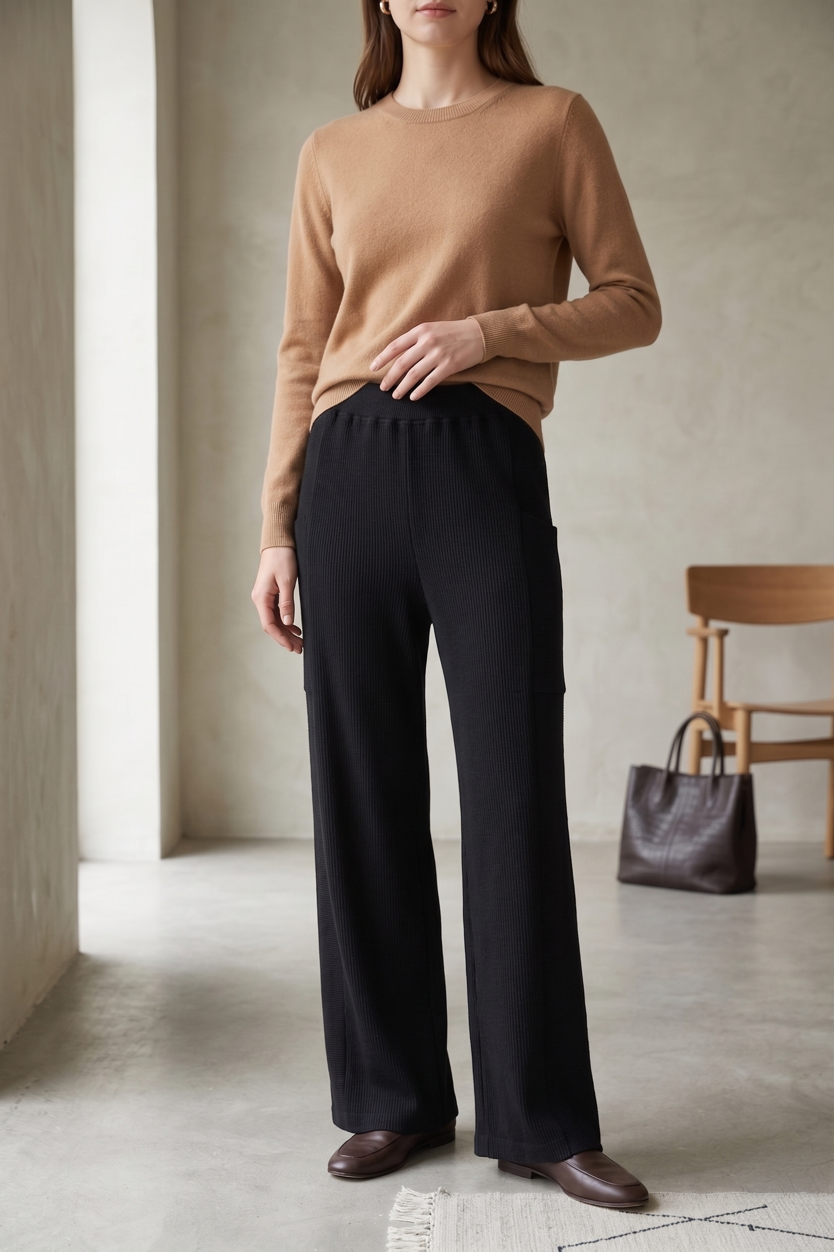 W07 | Luxe Rib-Panel Wide-Leg Waffle Knit Pants