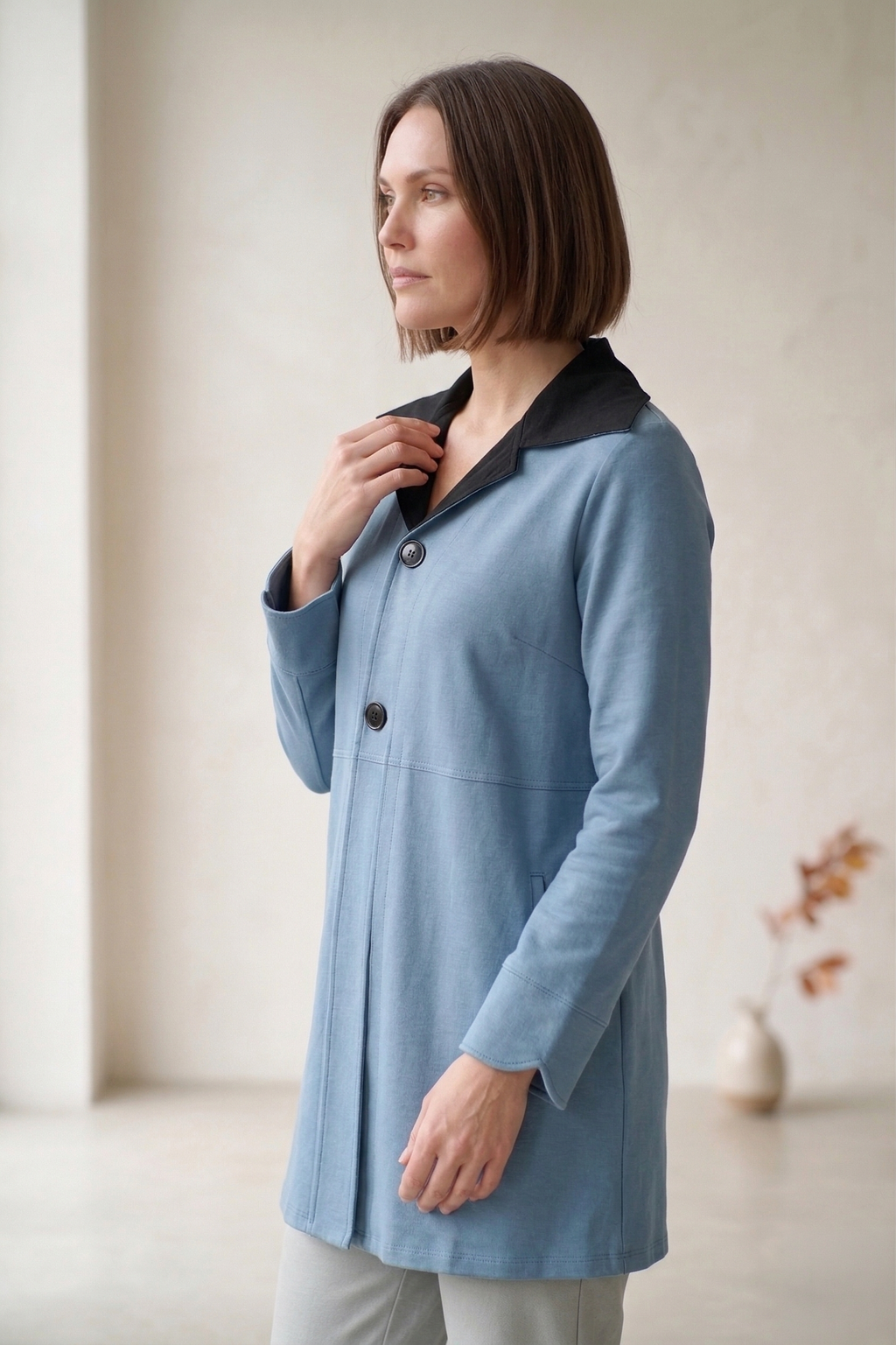 #7766 | Women's Stretch French Terry Trimmed Long Jacket