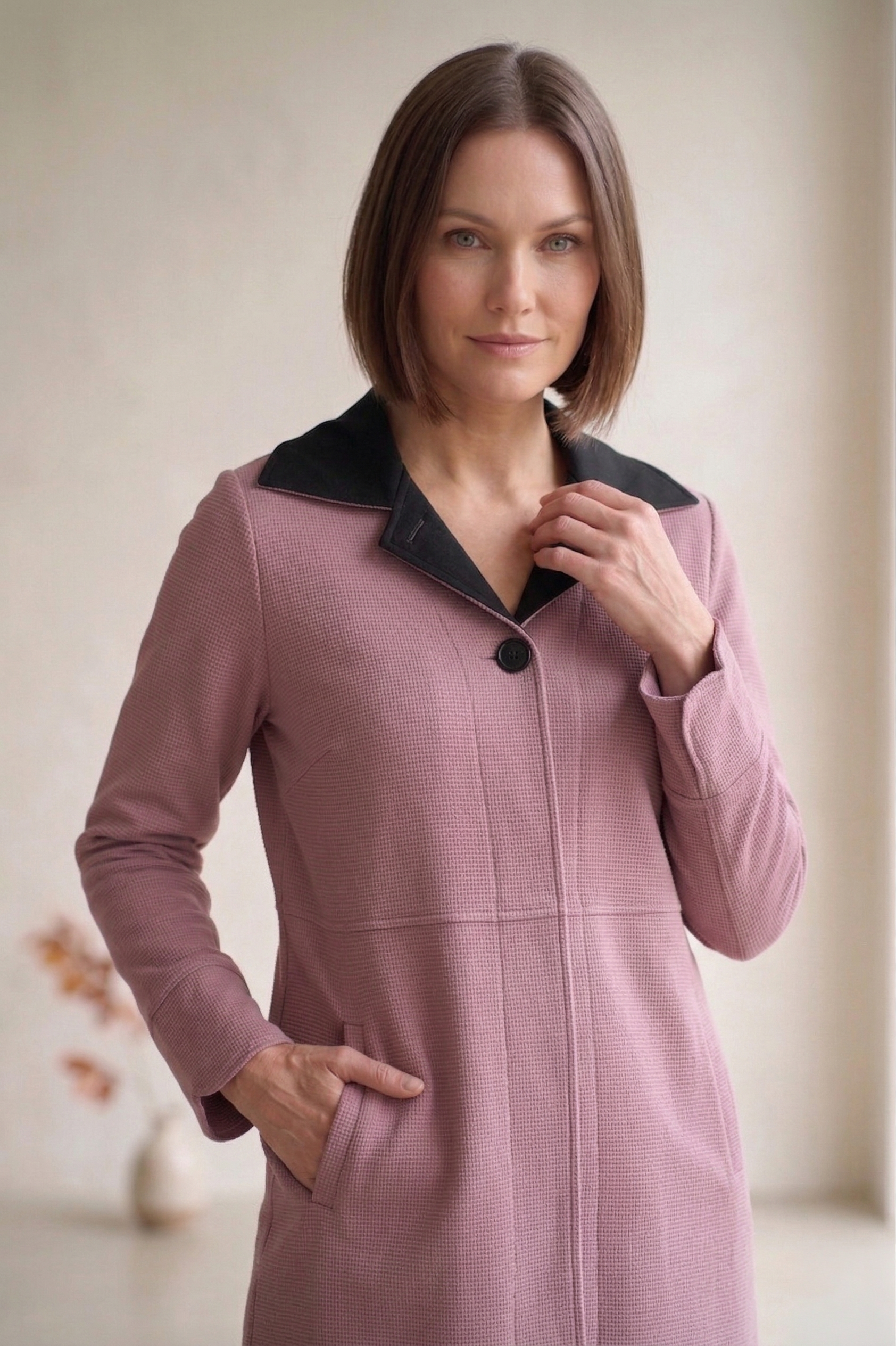 #7766 | Women's Stretch French Terry Trimmed Long Jacket