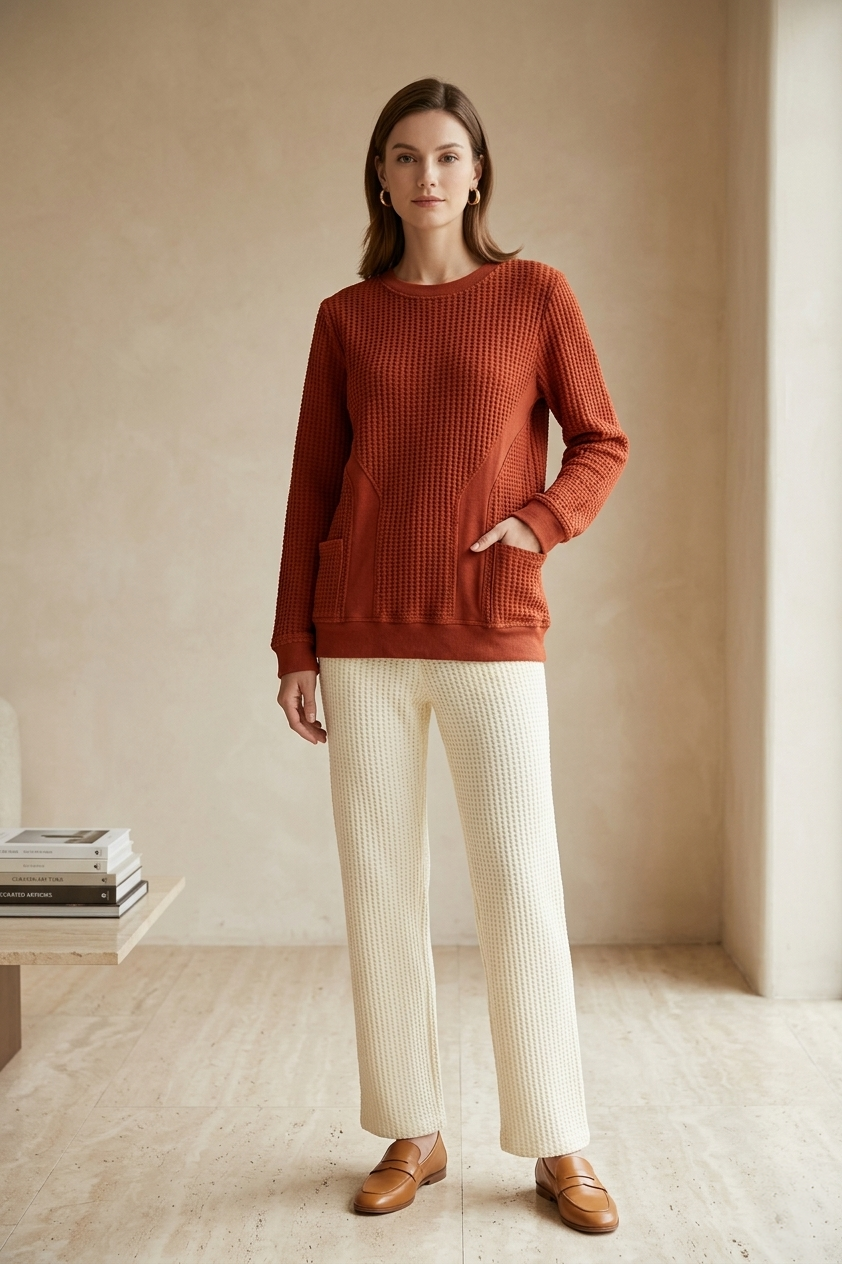 Waffle Knit Long Sleeve Crew Neck Top with Pockets - Style #W03