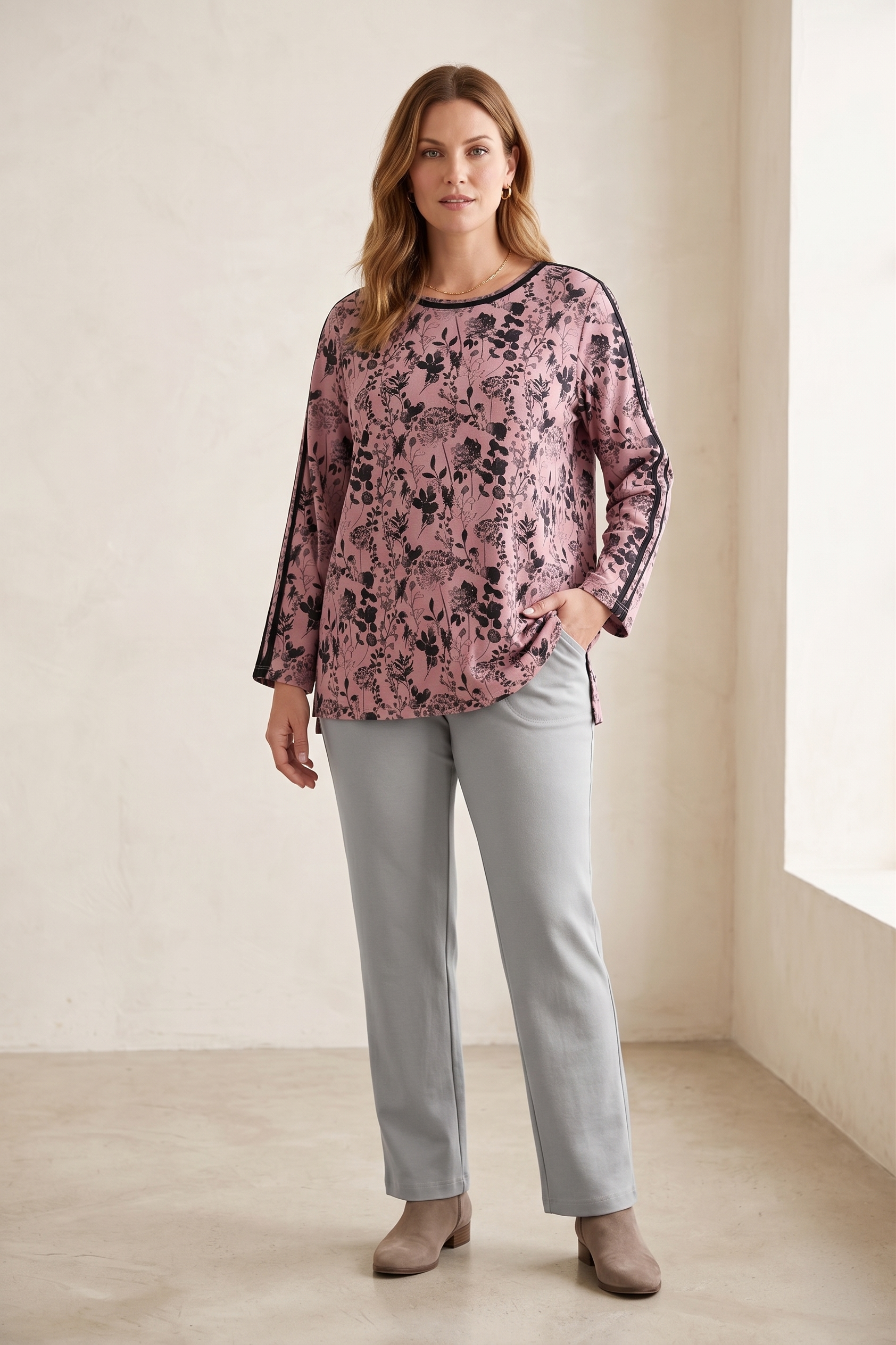 #1273 Long Sleeve "Water Leaves" Floral Print Top | 100% Cotton Jersey