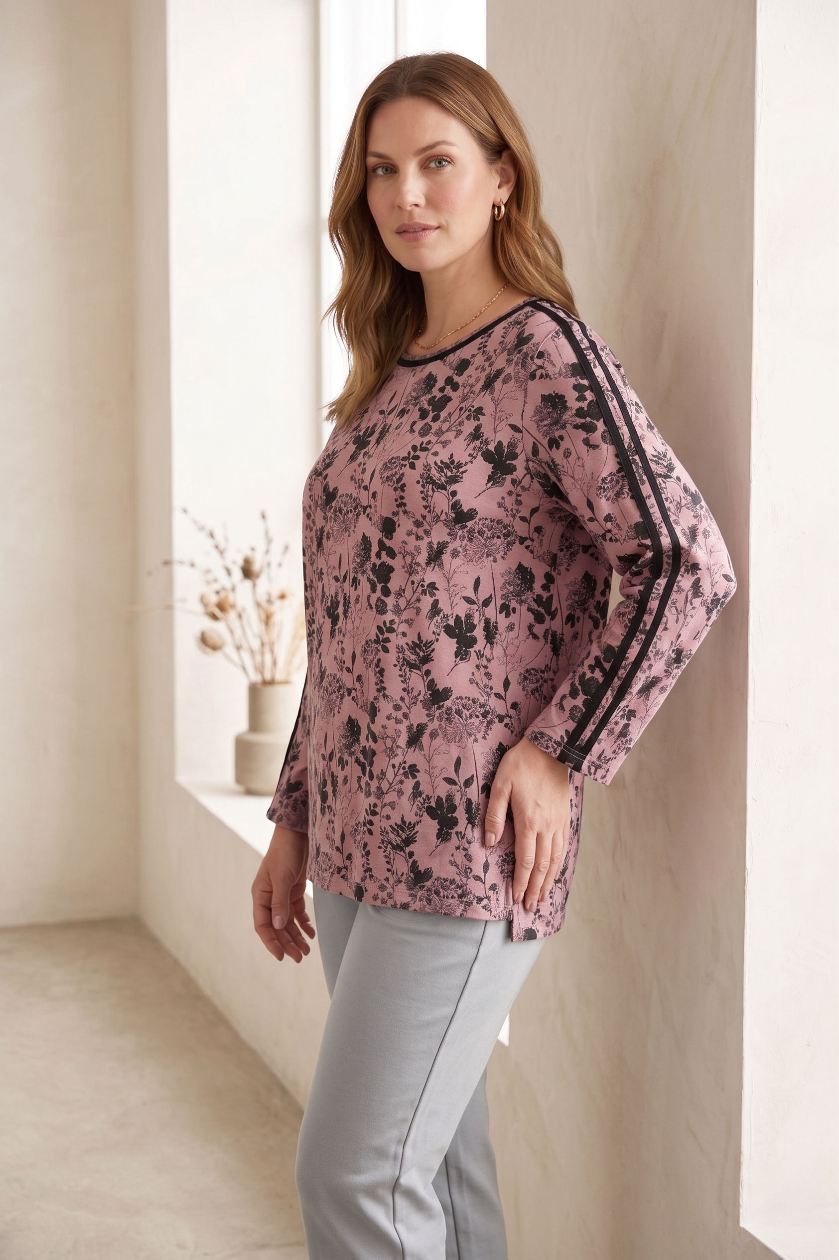 #1273 Long Sleeve "Water Leaves" Floral Print Top | 100% Cotton Jersey