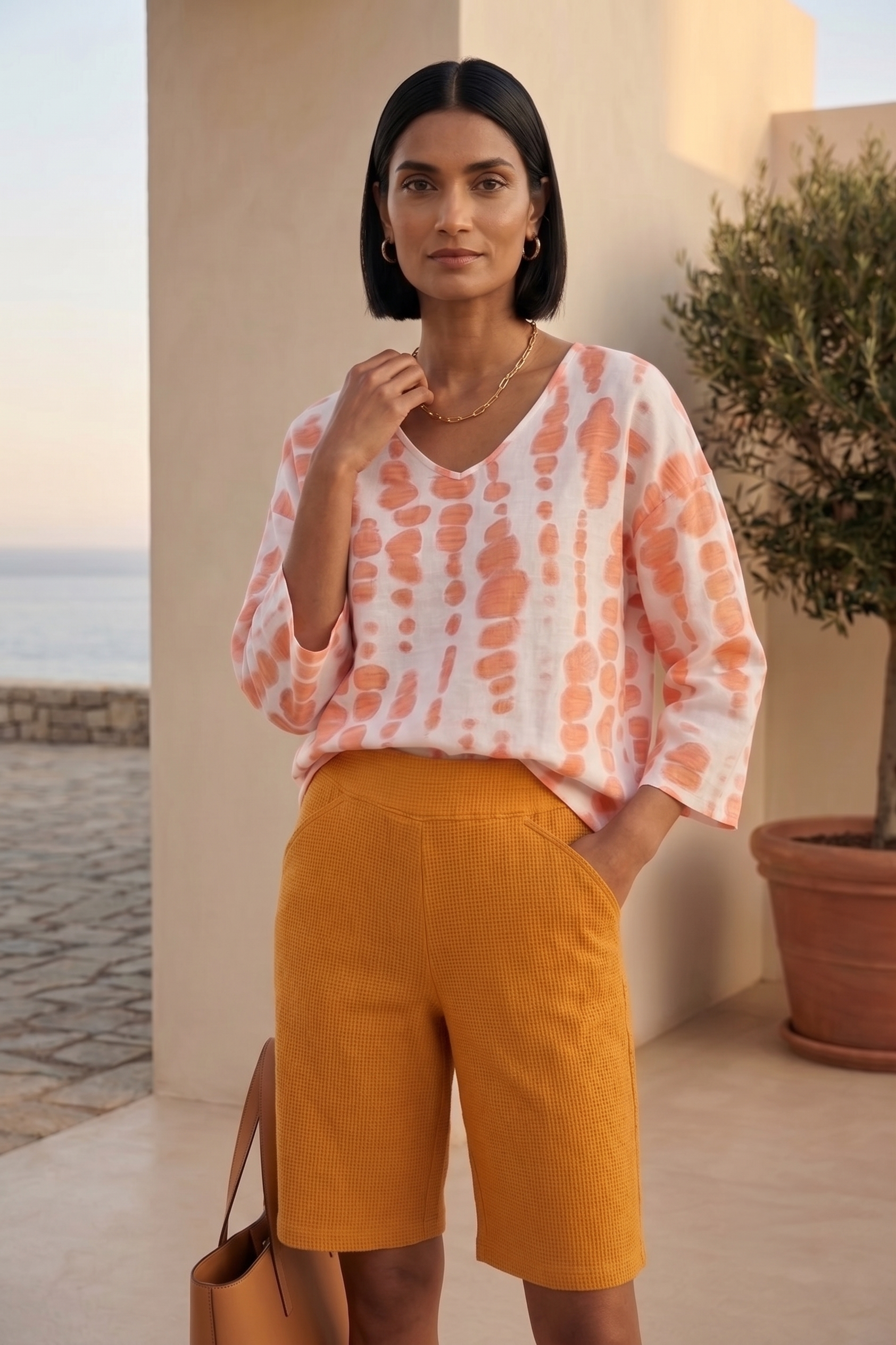 Style #1713 Wild Palms Wholesale Women's 100% Cotton ¾ Sleeve Abstract Dot Top