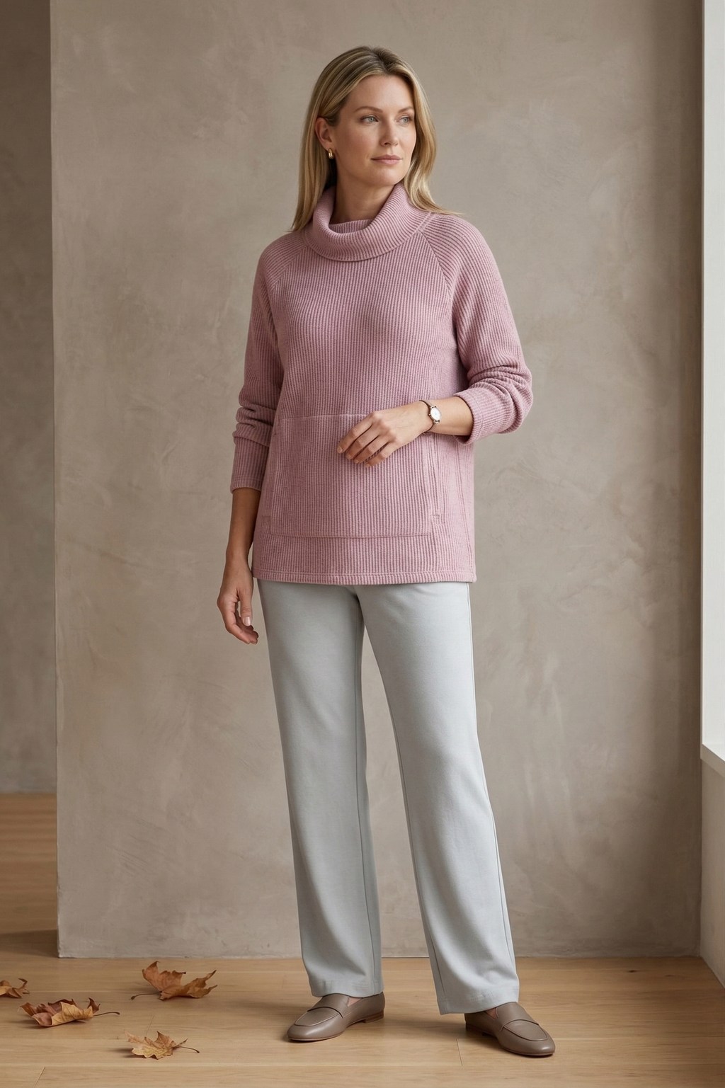Wild Palms #7762 | Luxe Long Sleeve Cowlneck Top with Kangaroo Pocket