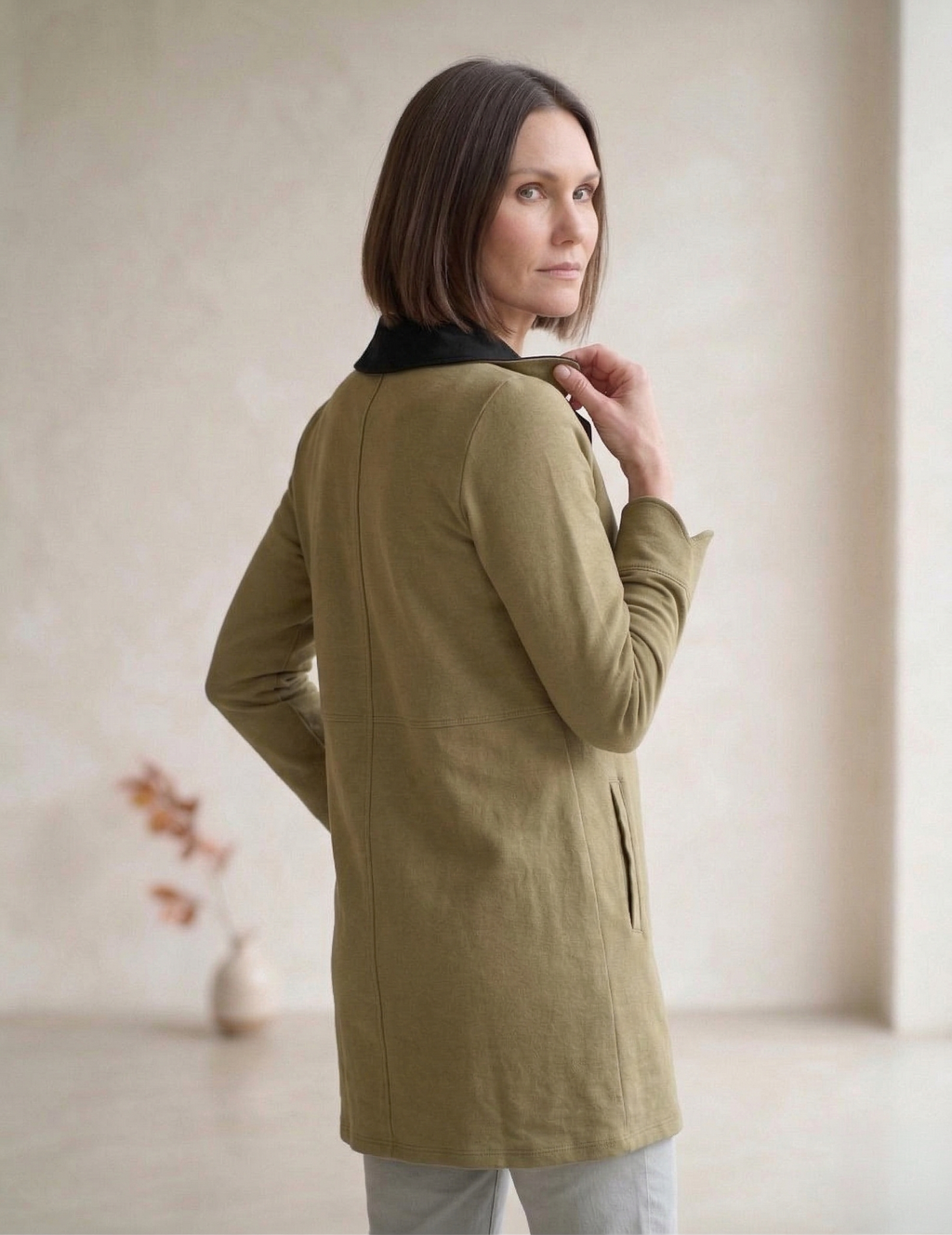 #7766 | Women's Stretch French Terry Trimmed Long Jacket
