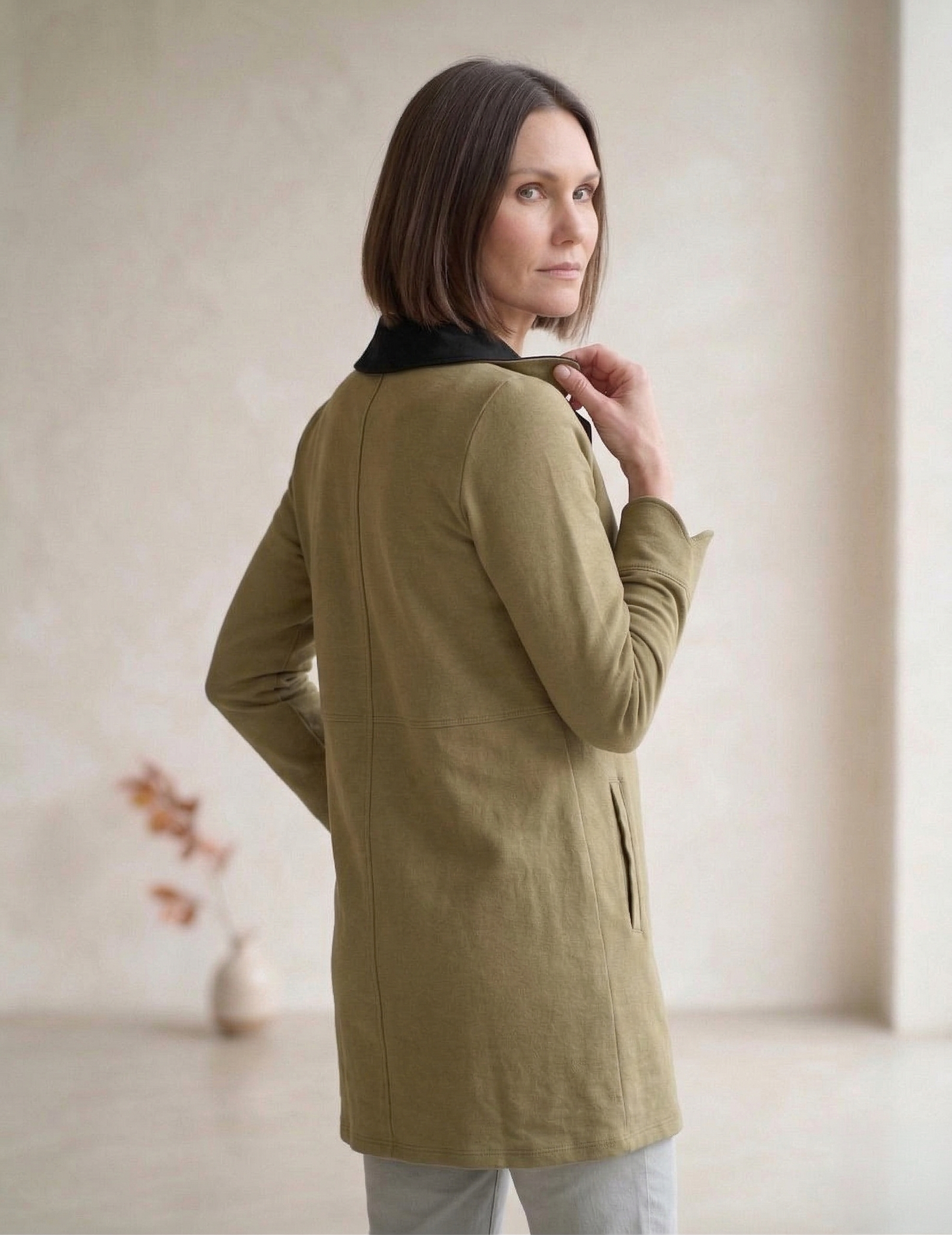 #7766 | Women's Stretch French Terry Trimmed Long Jacket