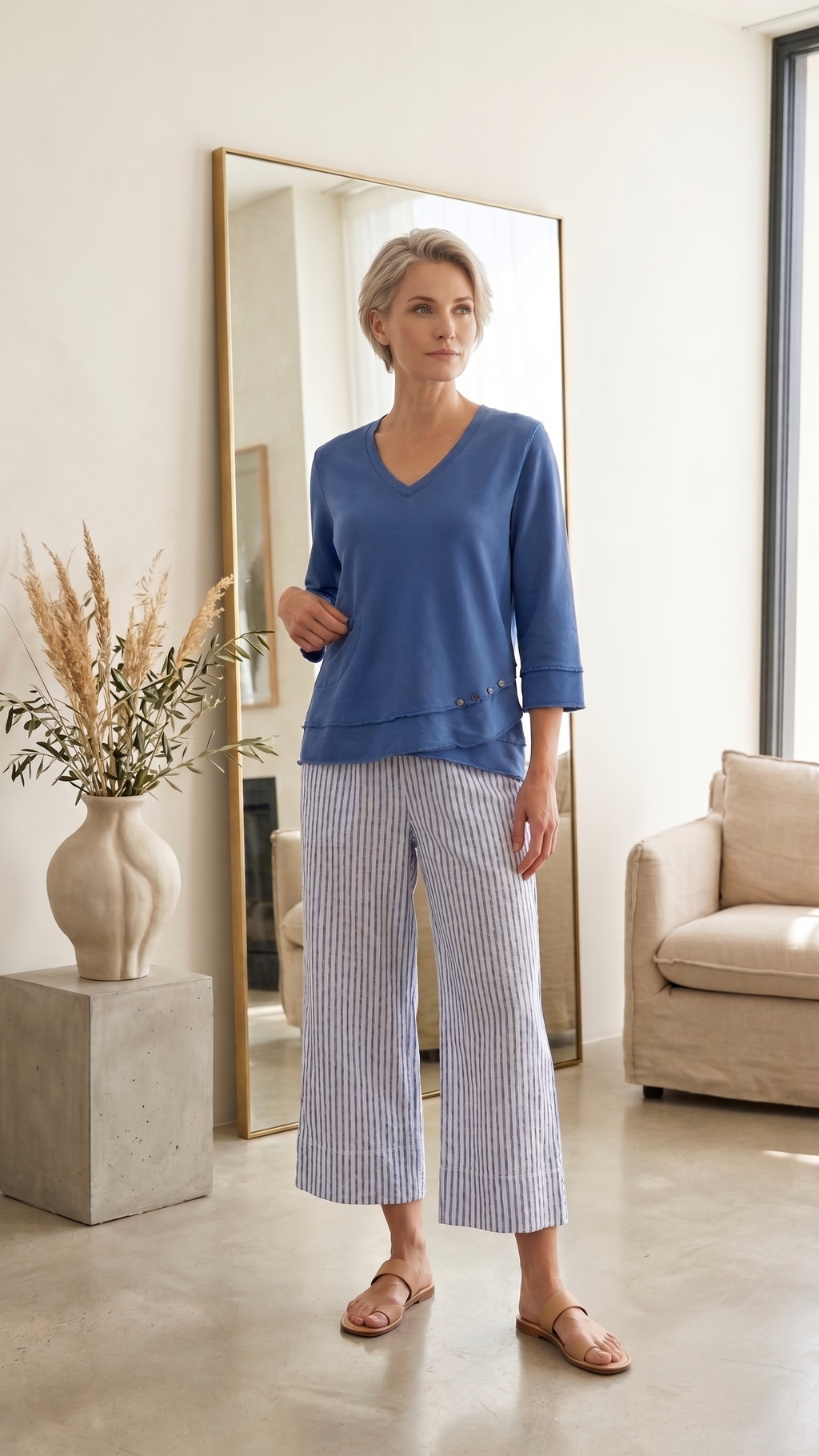 Style #1627-Wholesale Women's 100% Cotton ¾ Sleeve Side-Button Top