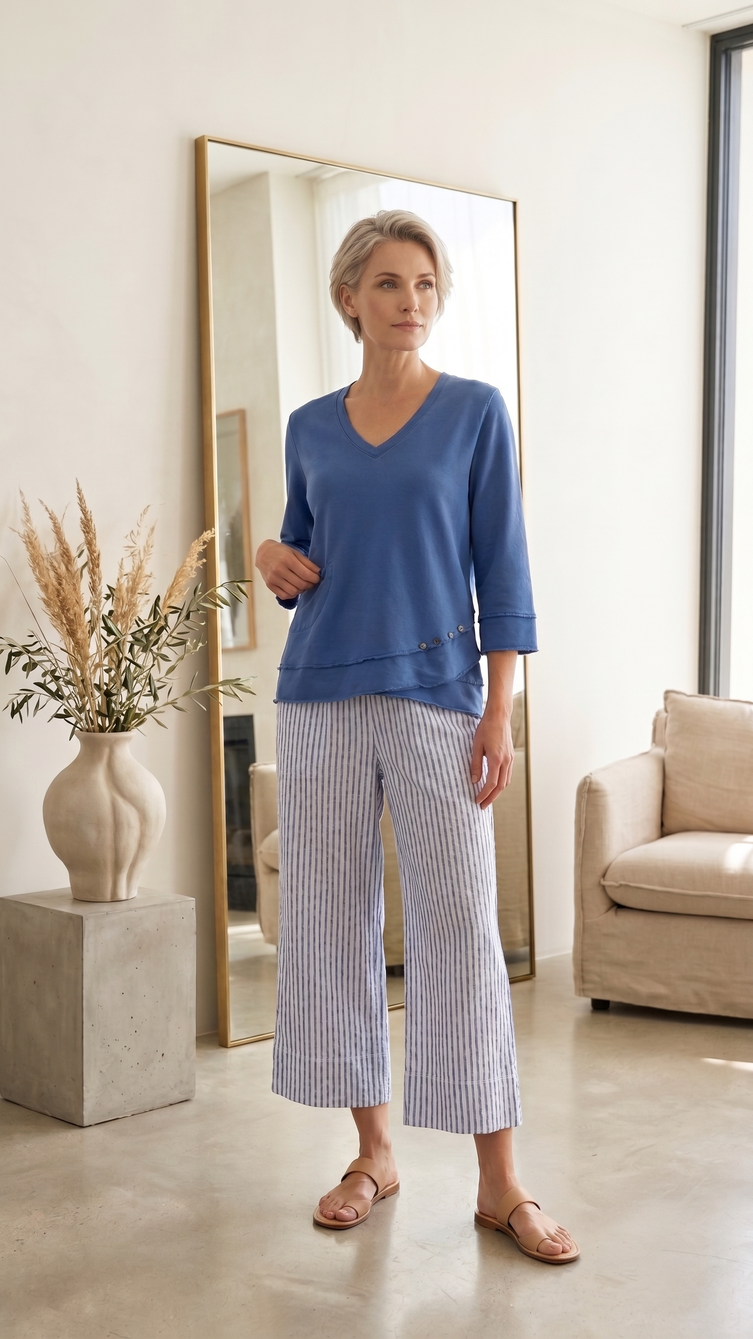 Style #1627-Wholesale Women's 100% Cotton ¾ Sleeve Side-Button Top