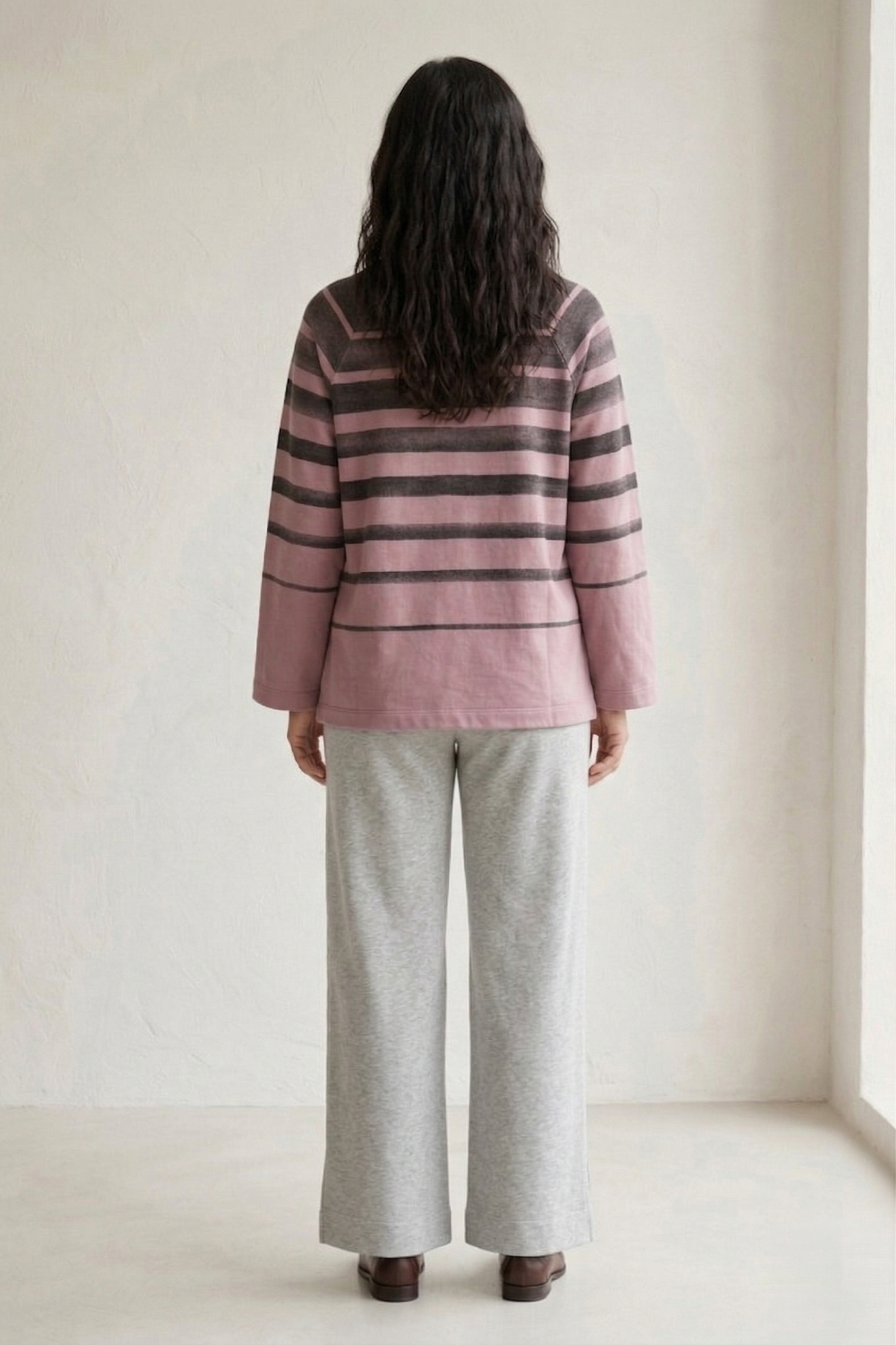 #7767 Women’s Long Sleeve Striped Top | Premium Stretch French Terry with Tab Pocket