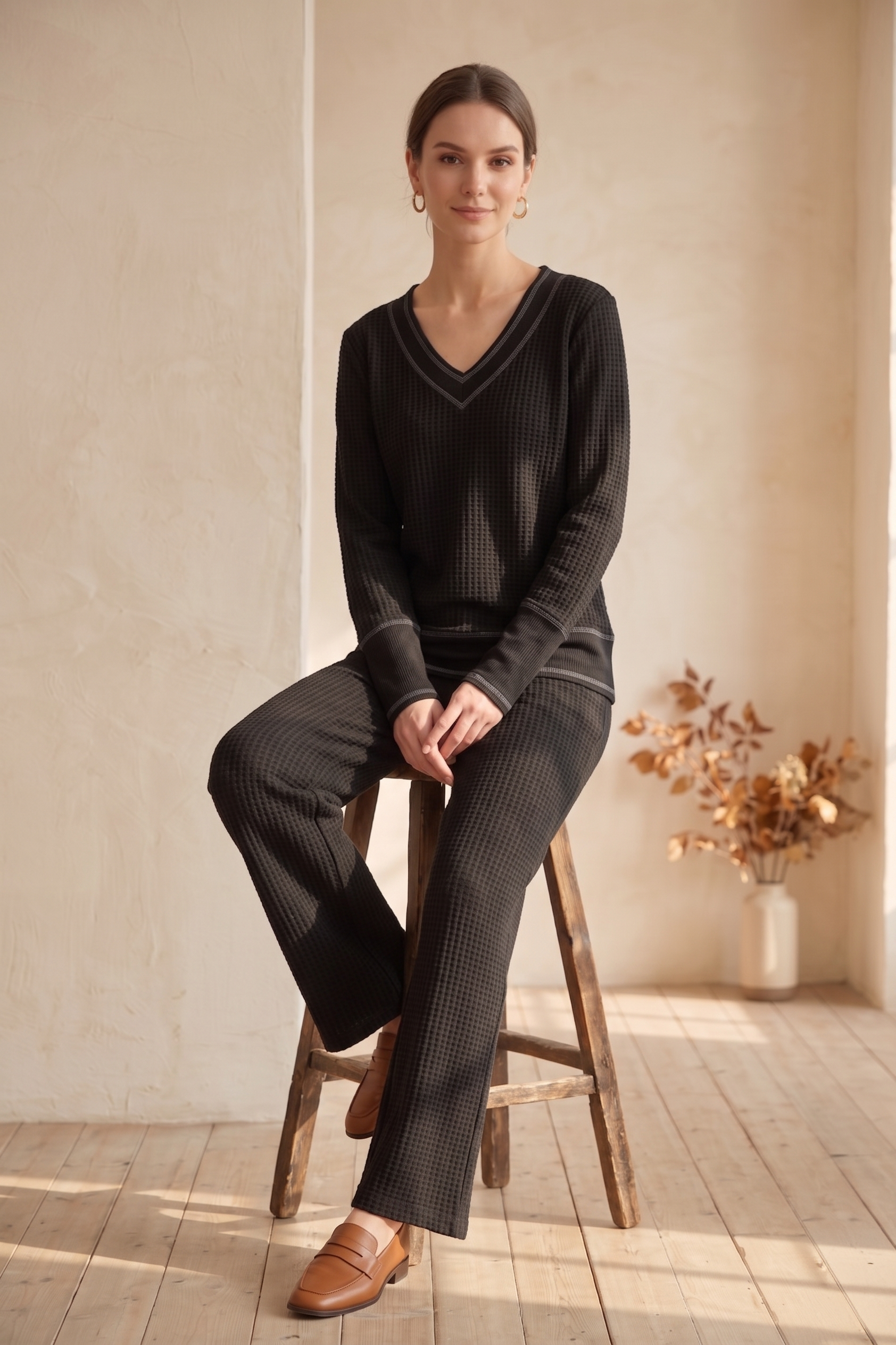 Waffle Knit Long Sleeve V-Neck Top with Contrast Stitching – #W02