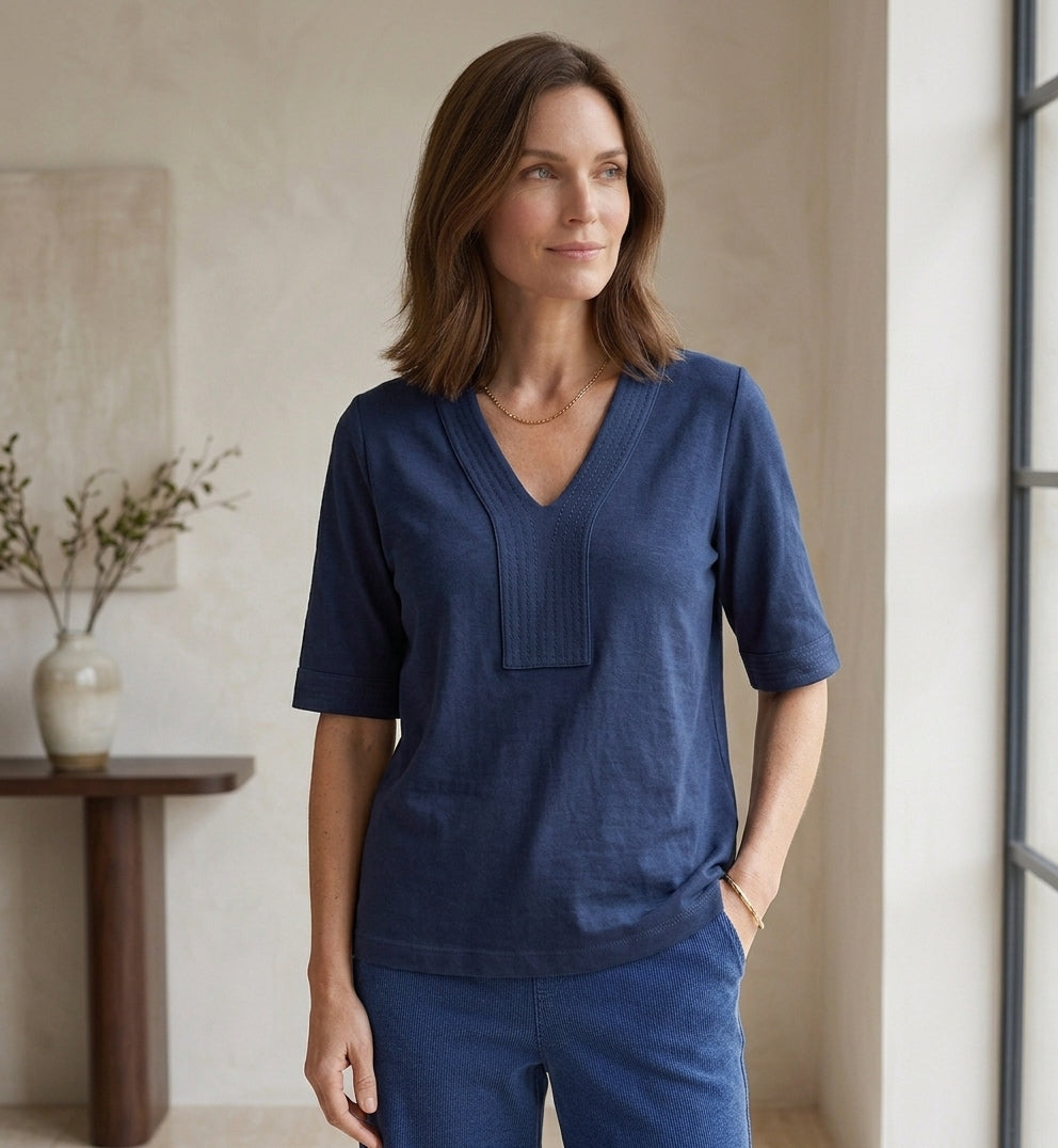 #JS45 Elbow Slv. V-Neck Placket Detail Top