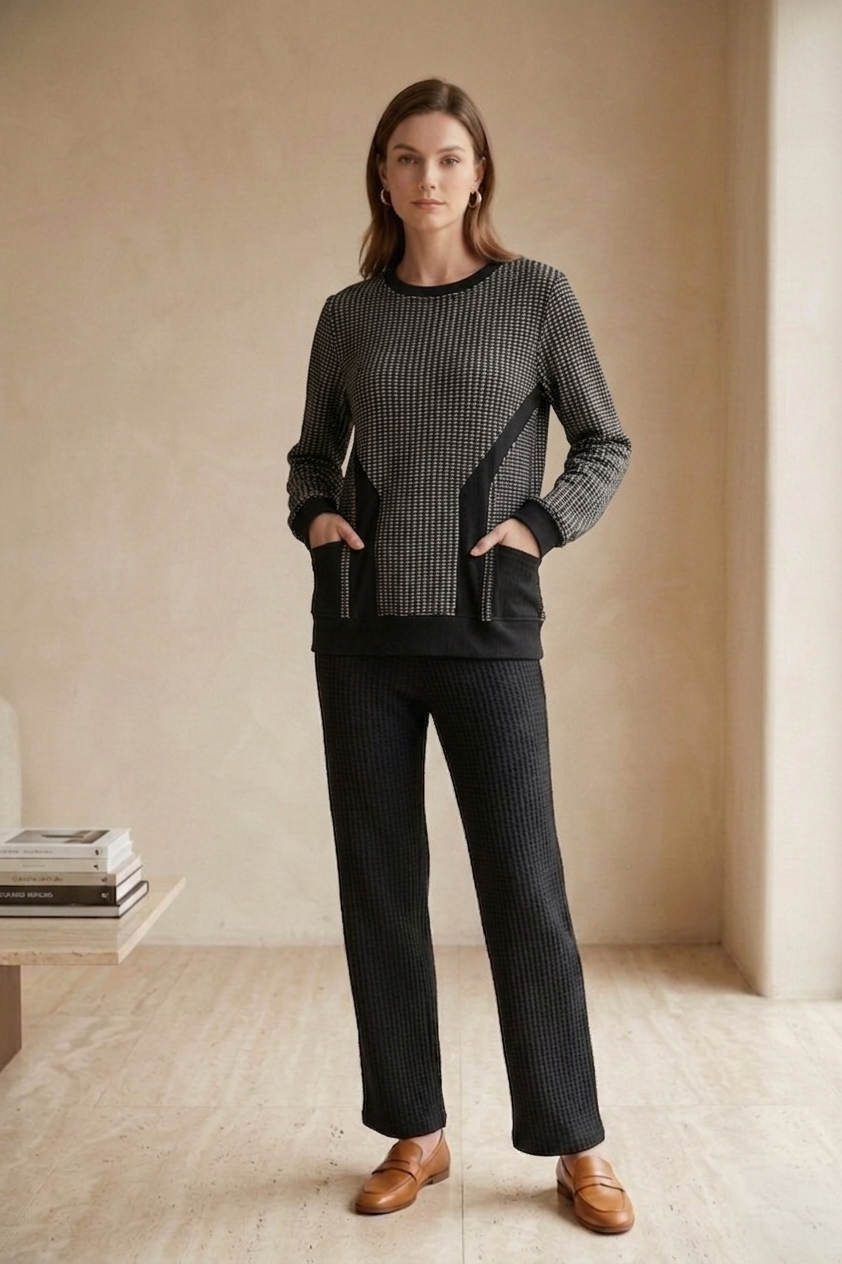 Waffle Knit Long Sleeve Crew Neck Top with Pockets - Style #W03