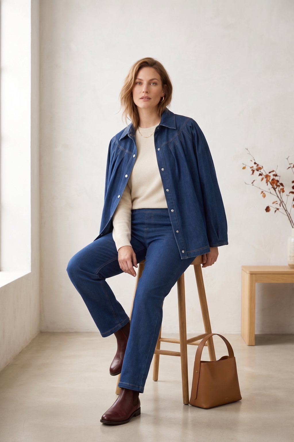 #D43 Women’s Pleated Yoke Stretch Denim Jacket