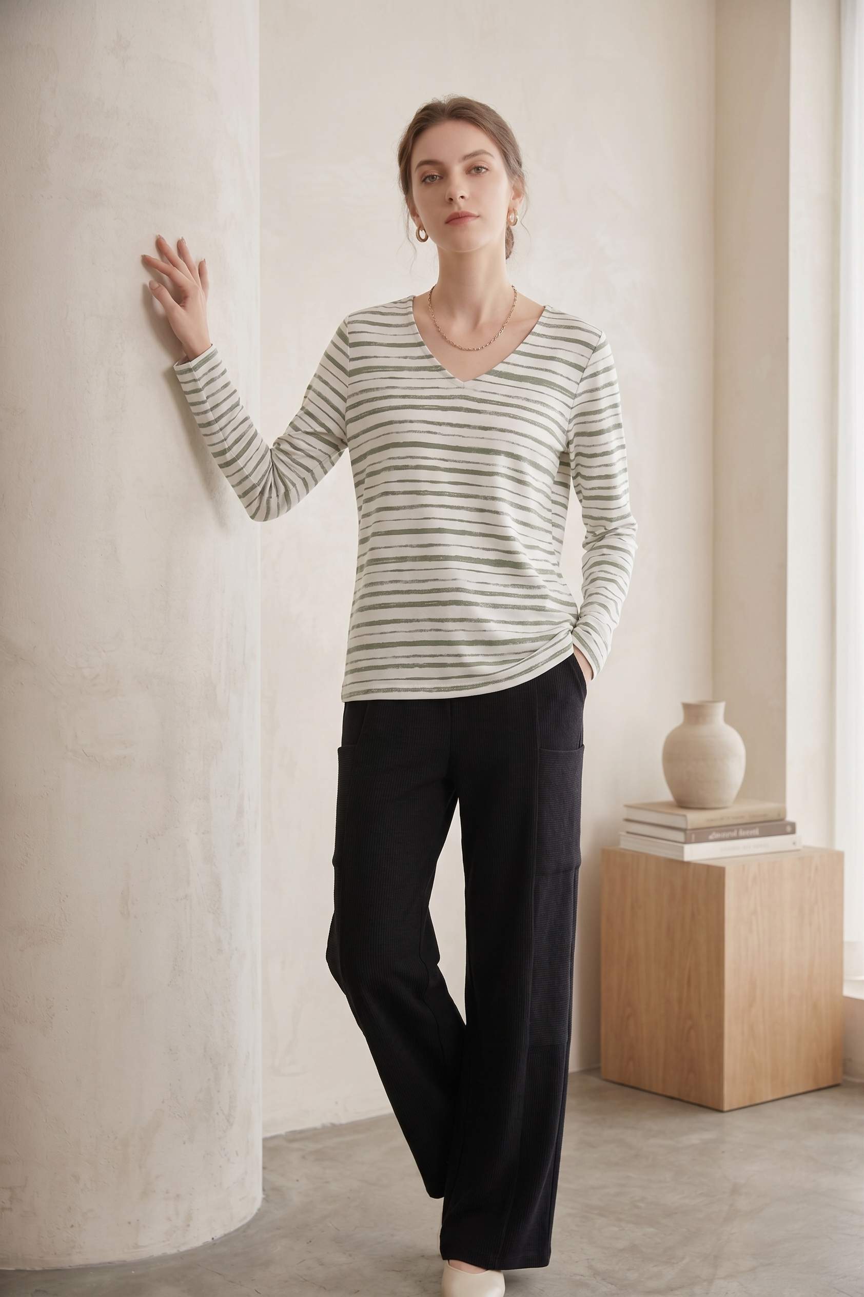 Women's Long Sleeve Striped Cotton Jersey Top (#D32)