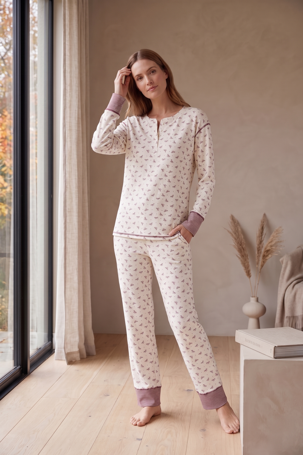 PJ72B | Women's Bow & Stripe Cotton Jersey Pajama Set